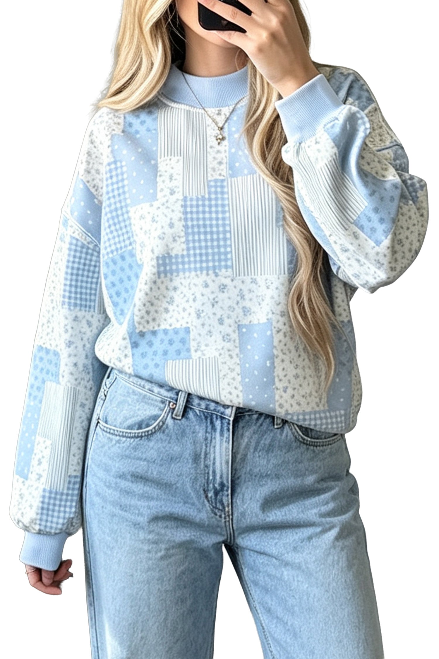 Patchwork Long-Sleeved Floral-Print Mock-Neck Sweatshirt in Sky Blue