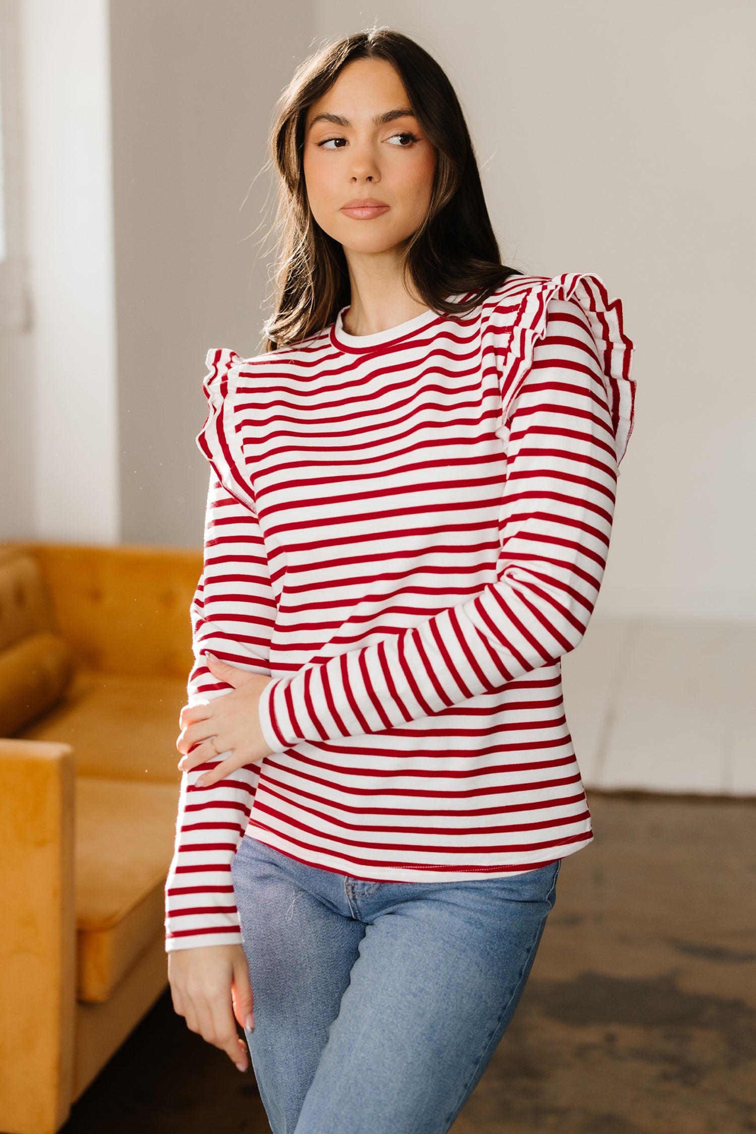 Ruffle Stripe Round-Neck Trim Long-Sleeved Top in Red