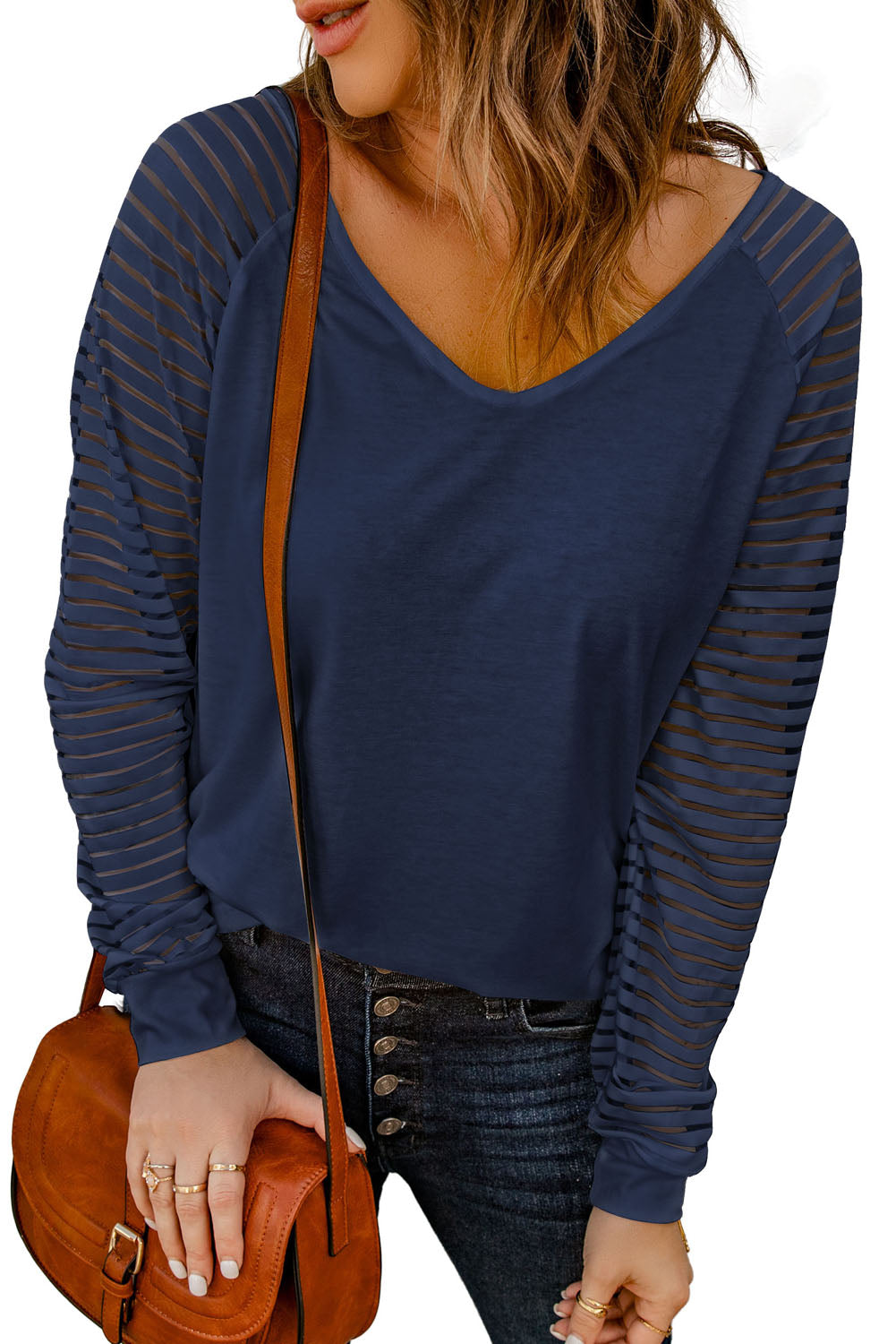 Sheer Stripe V-Neck Top in Blue