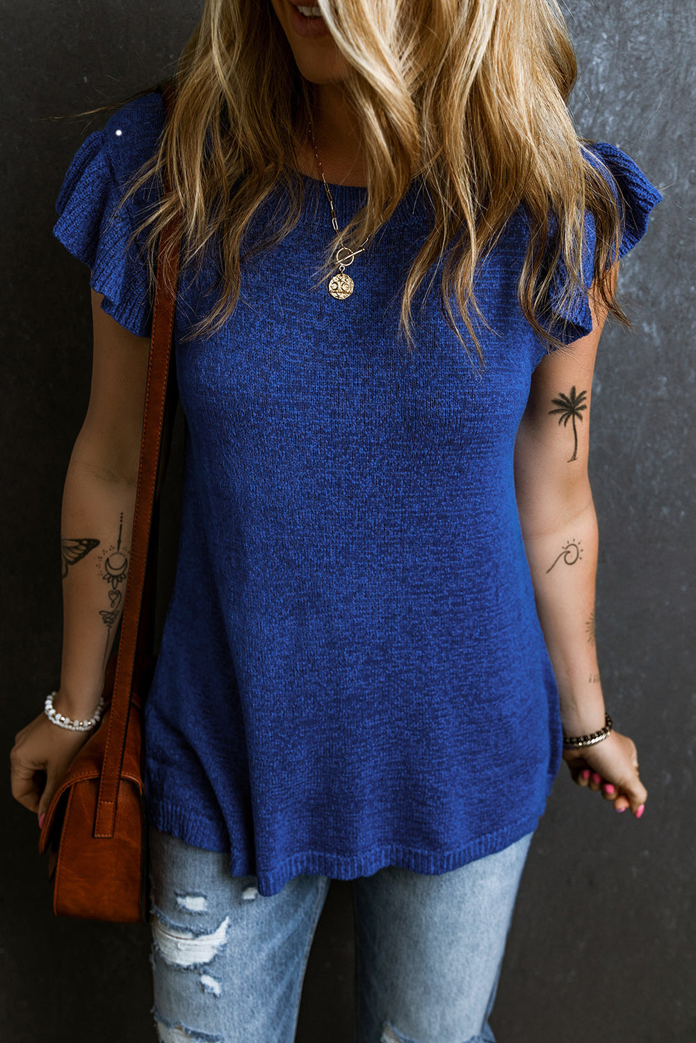 Women's Top Featuring Knitted Sweater Ruffle-Trimmed Sleeve