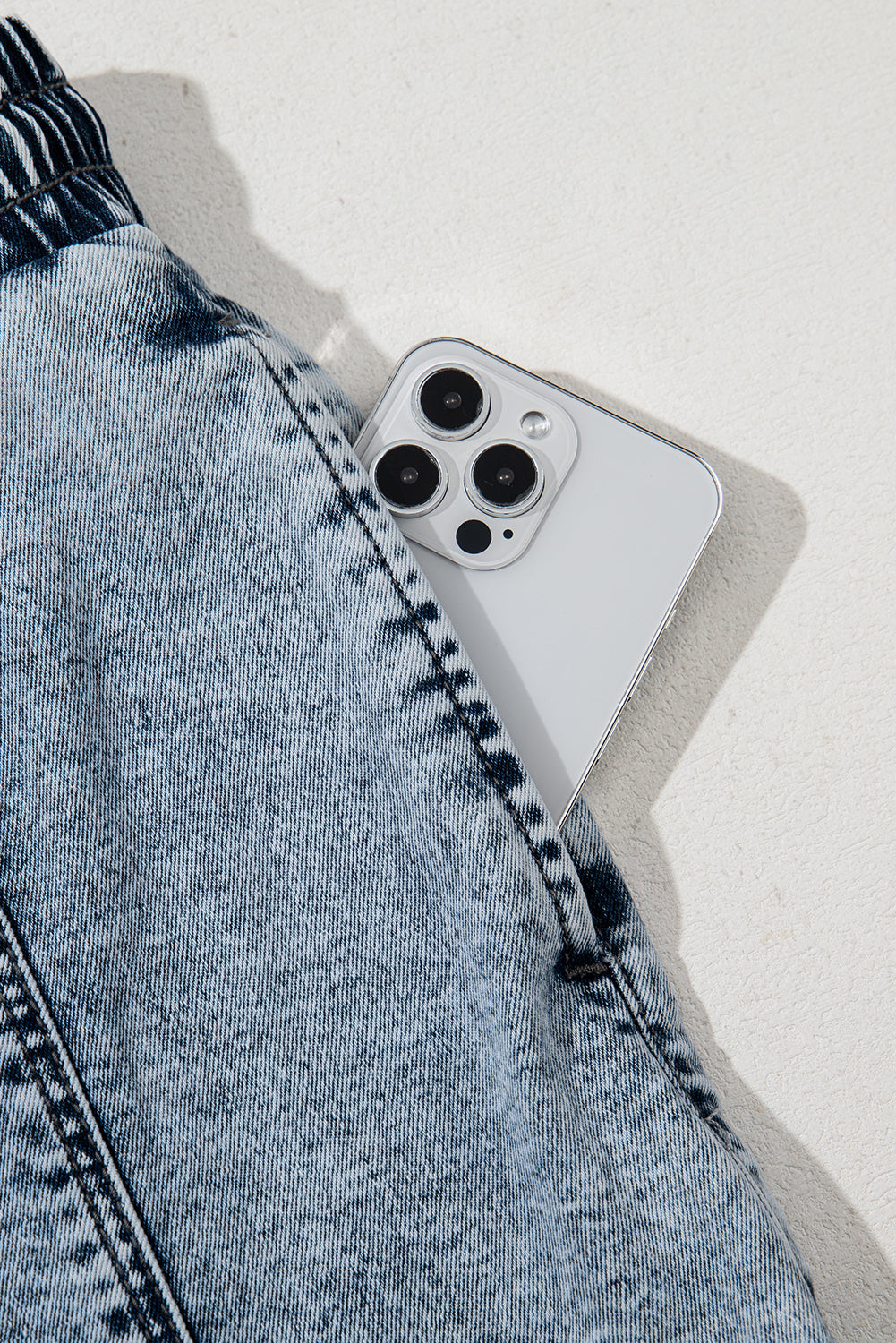 Dusk Elastic Blue Drawcord Waistband Pocket-Detail Denim Shorts