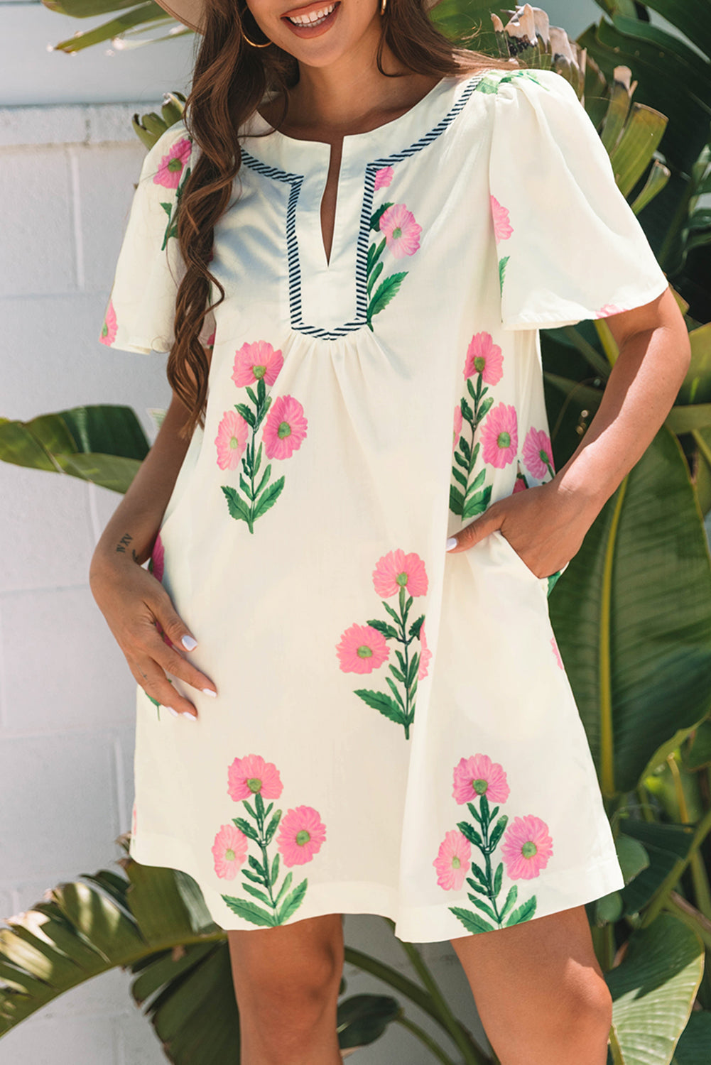 Floral Neck Short-Sleeved Split Loose Mini Dress