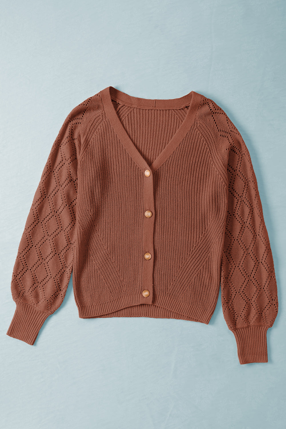 Bishop Sleeve Button V-Neck Cardigan Knit Top in Red