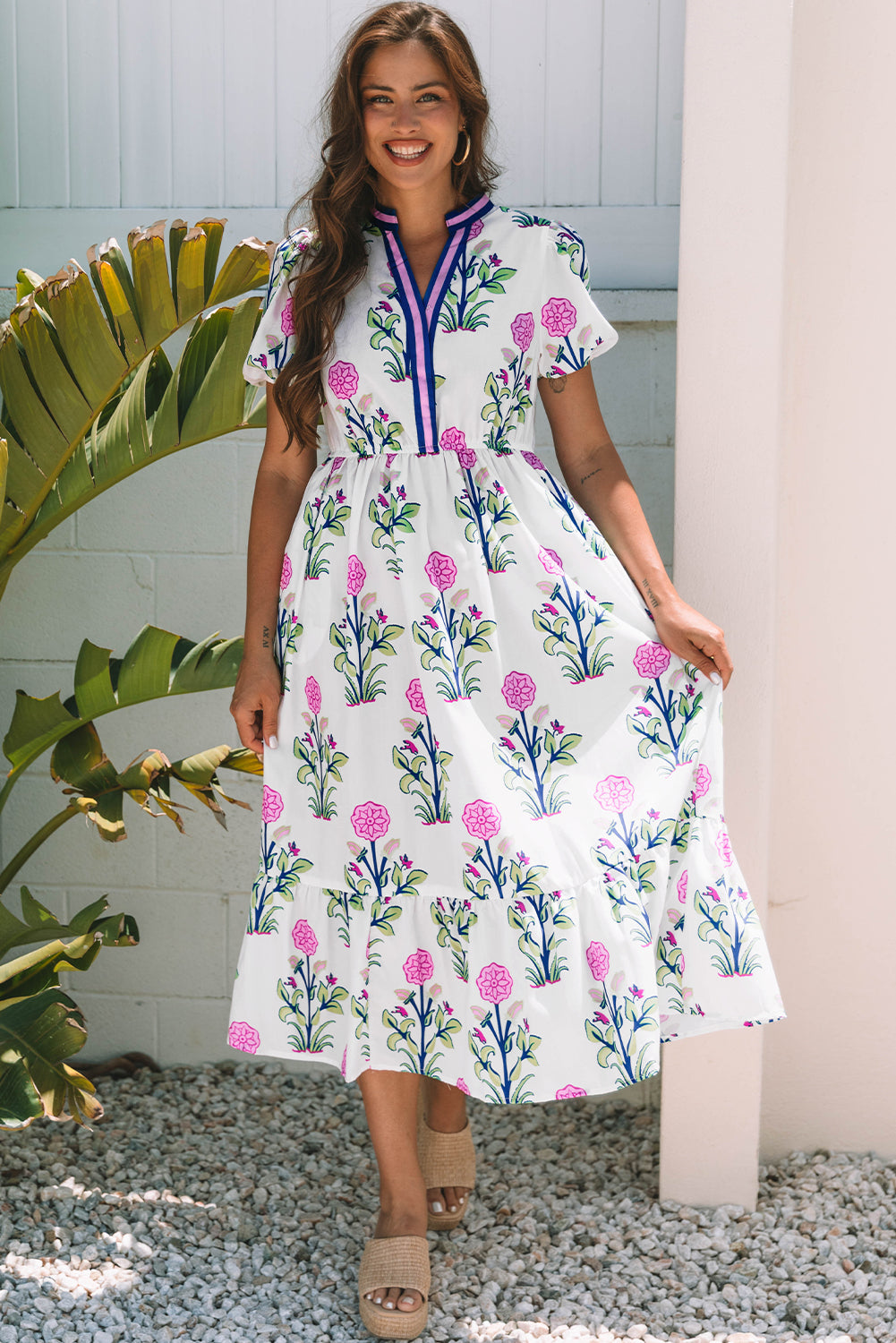 Polished Puff White Floral Short-Sleeved V-Neck Maxi Dress