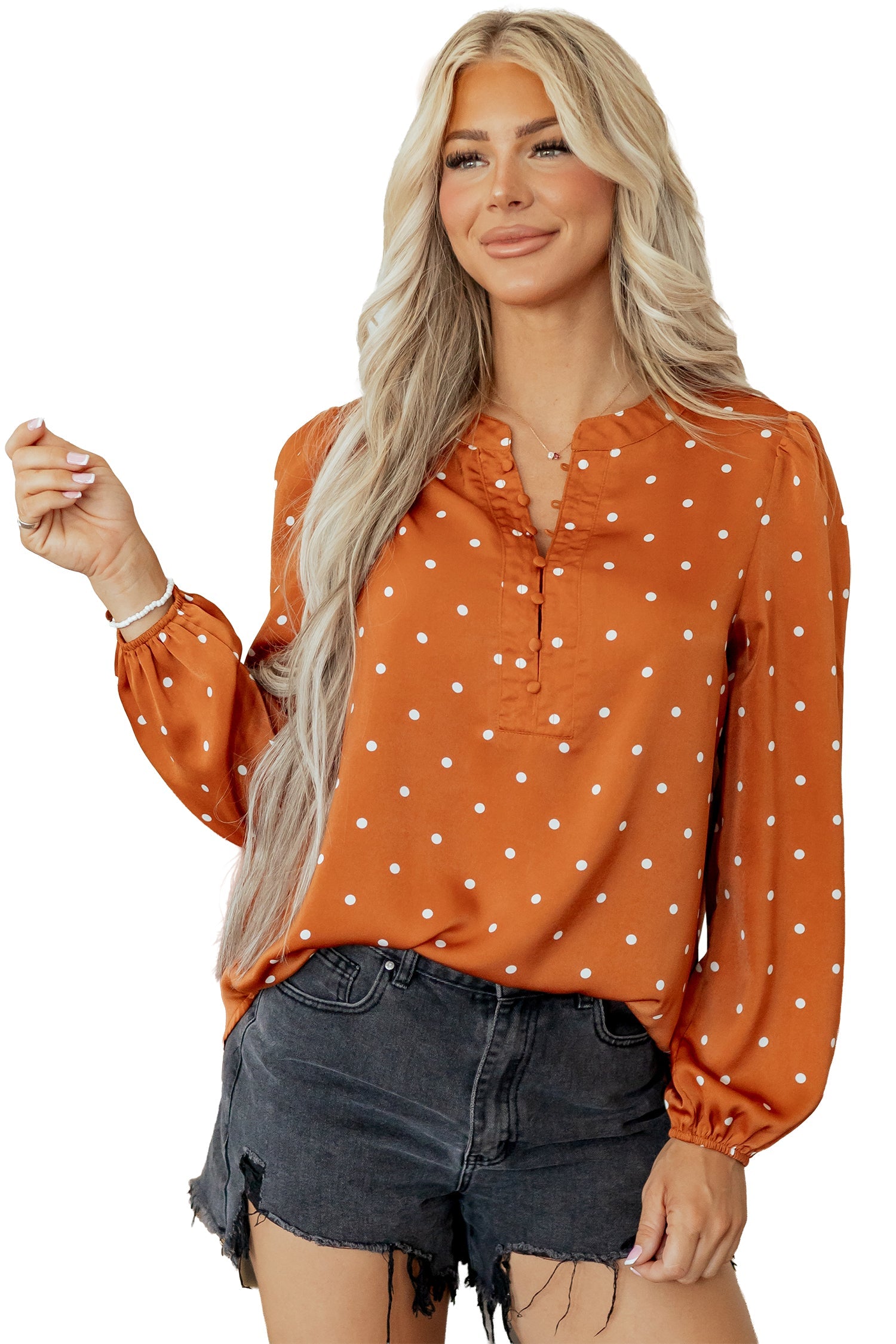 Long-Sleeved Polka-Dot V-Neck Blouse in Brown