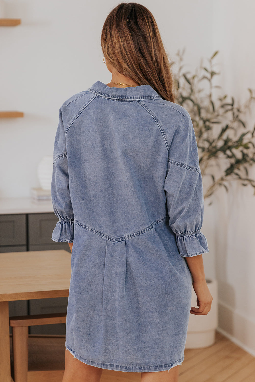 Women's Button-Front Long-Sleeve Denim Mini Dress