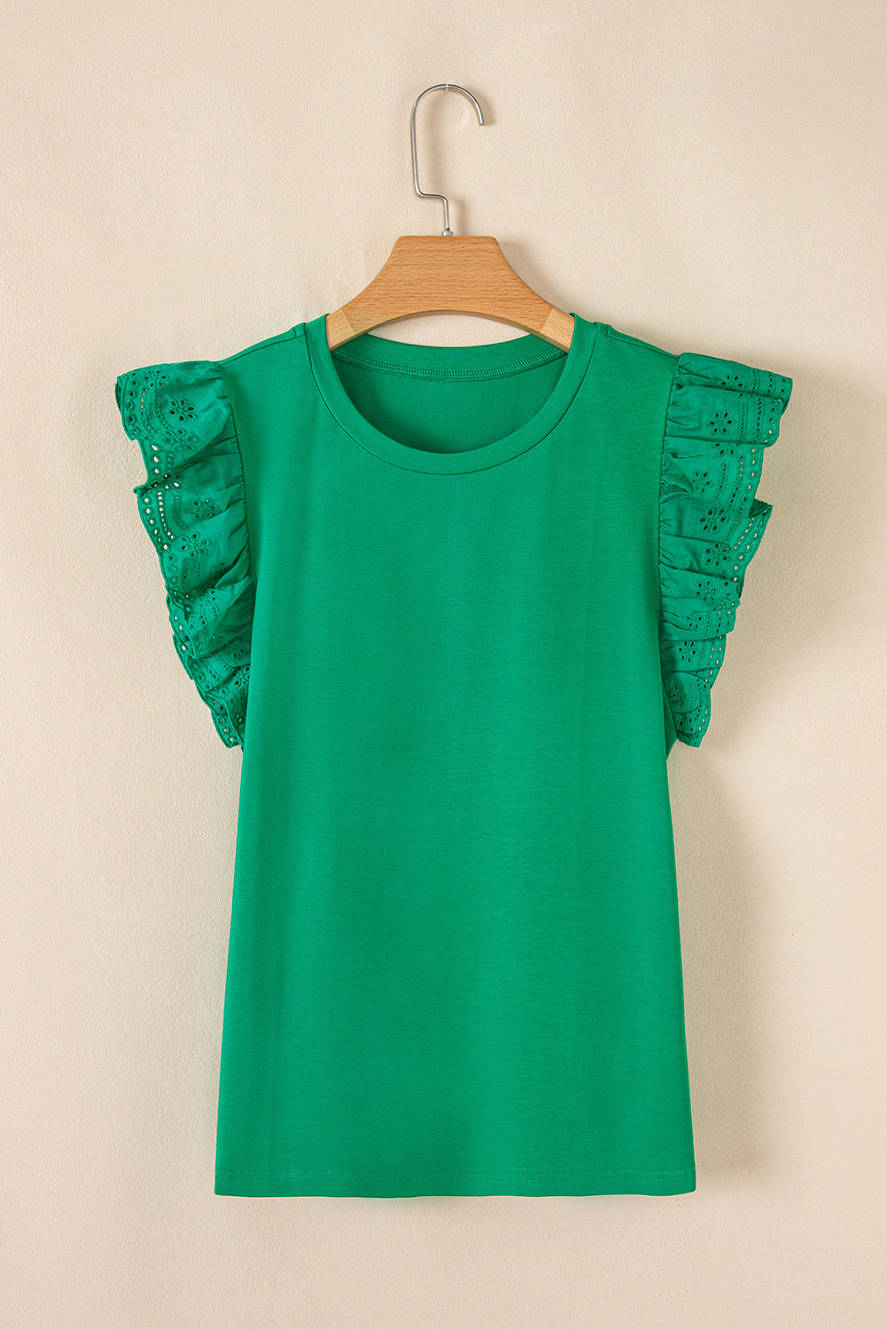 Green Embroidered Ruffled Sleeve Slim Fit Crew Neck Top