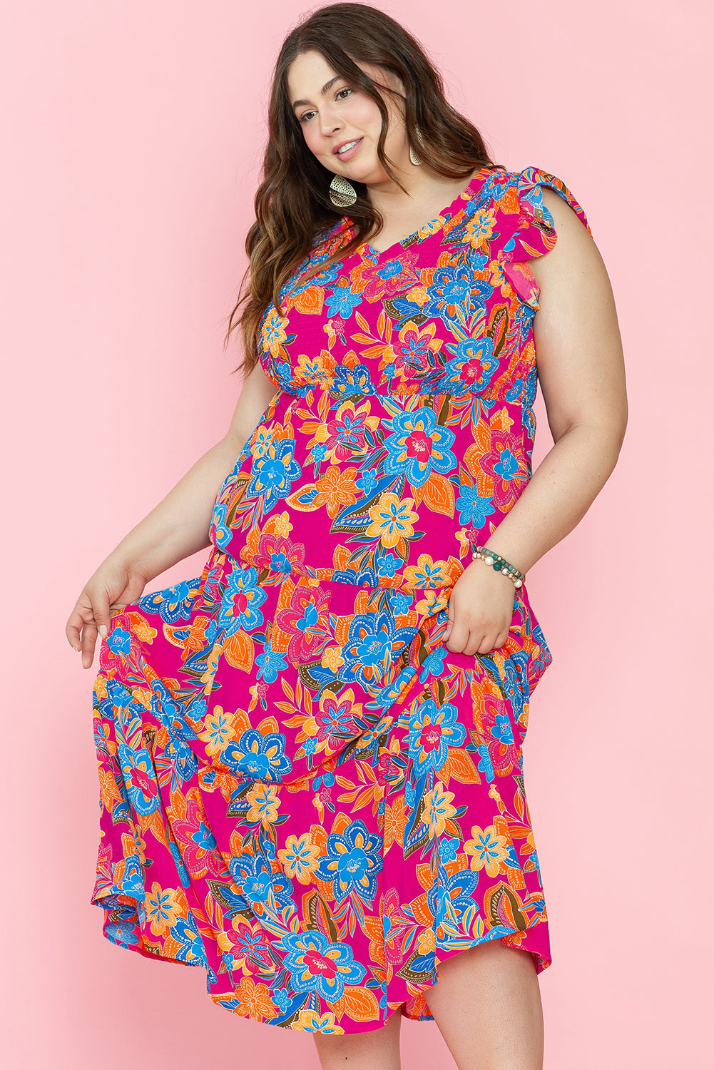 Robe Longue Grande Taille à Volants et Imprimé Floral sans Manches