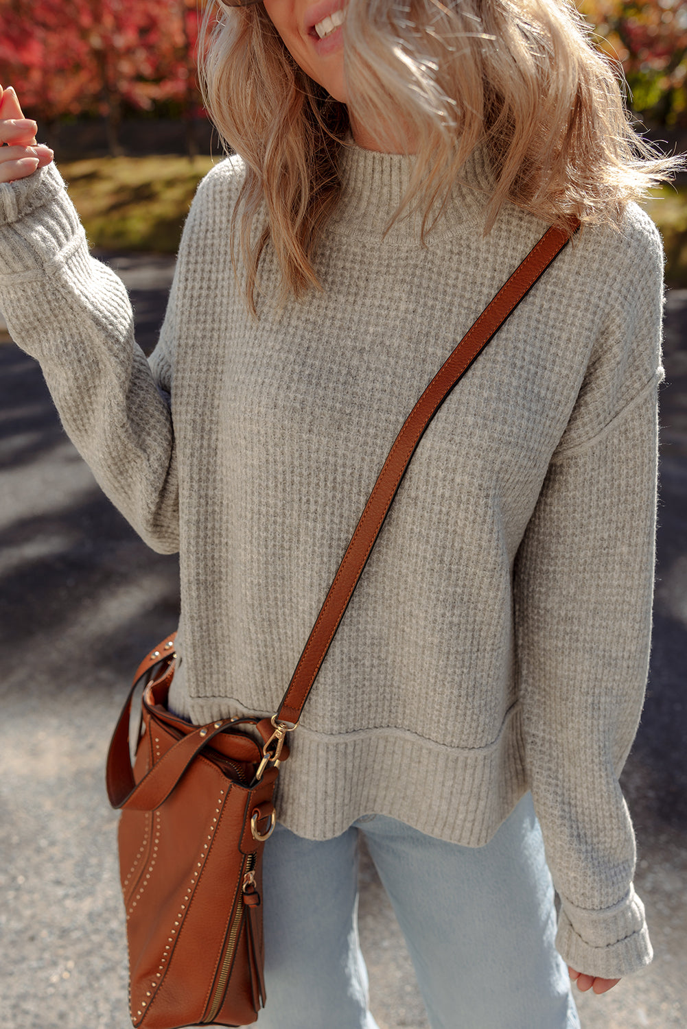 Waffle Rib-Knit Texture Knit High Neck Drop-Shoulder Knit Top