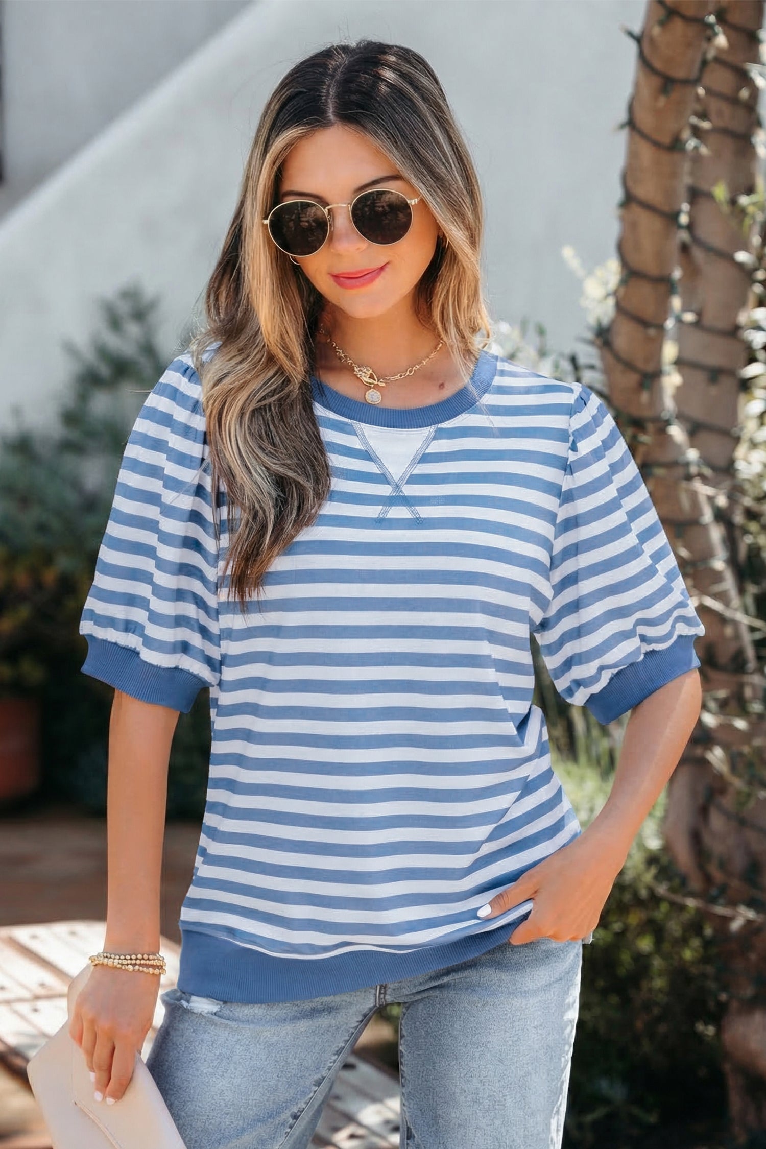 Stripe Sleeve Short Bubble T Shirt in Sky Blue