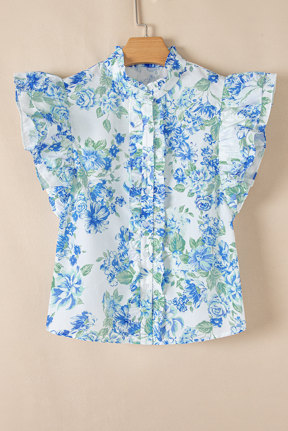 Blue Floral Print Ruffle Sleeve Frilly Button Up Shirt