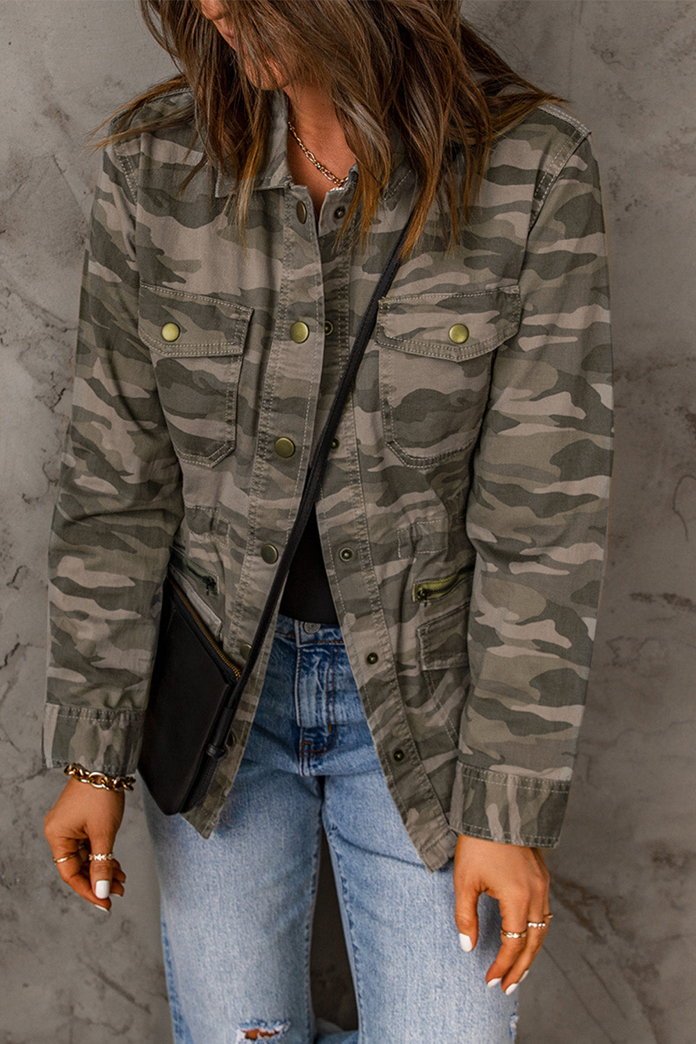 Women's Camouflage-Print Green Multi Pockets Button-Front Jacket