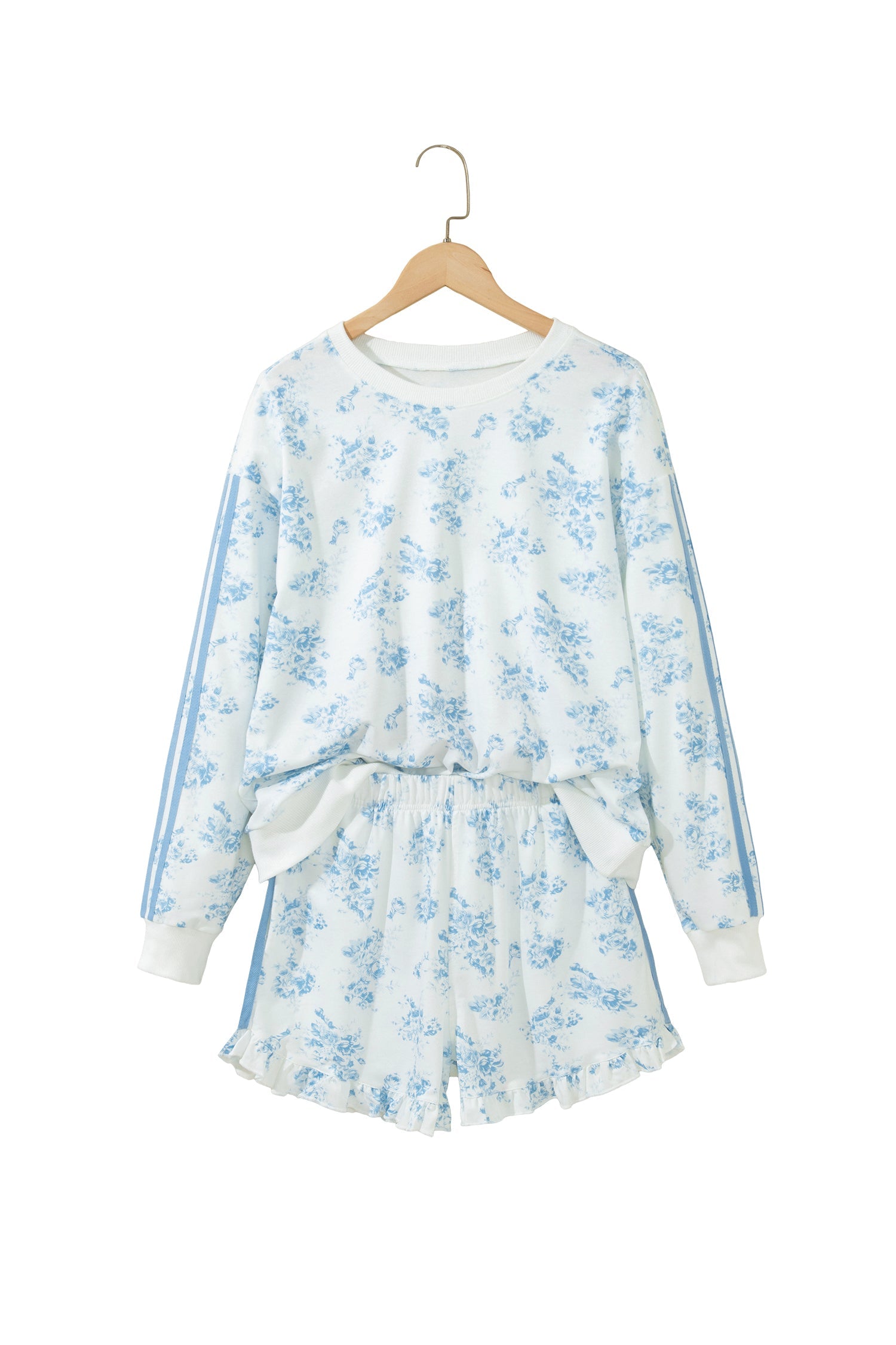Long-Sleeved Top Floral-Print Top Ruffle Hem Shorts 2-Piece Outfit in Sky Blue
