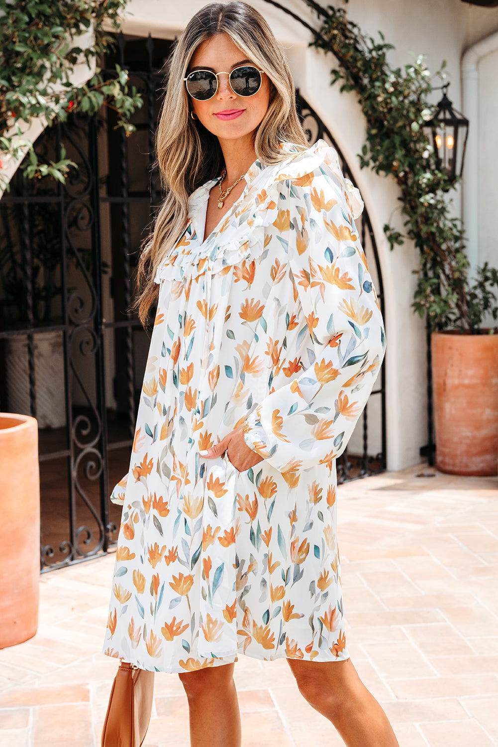 Floral-Print Frilled Tie Neck Detail Long-Sleeved Mini Dress