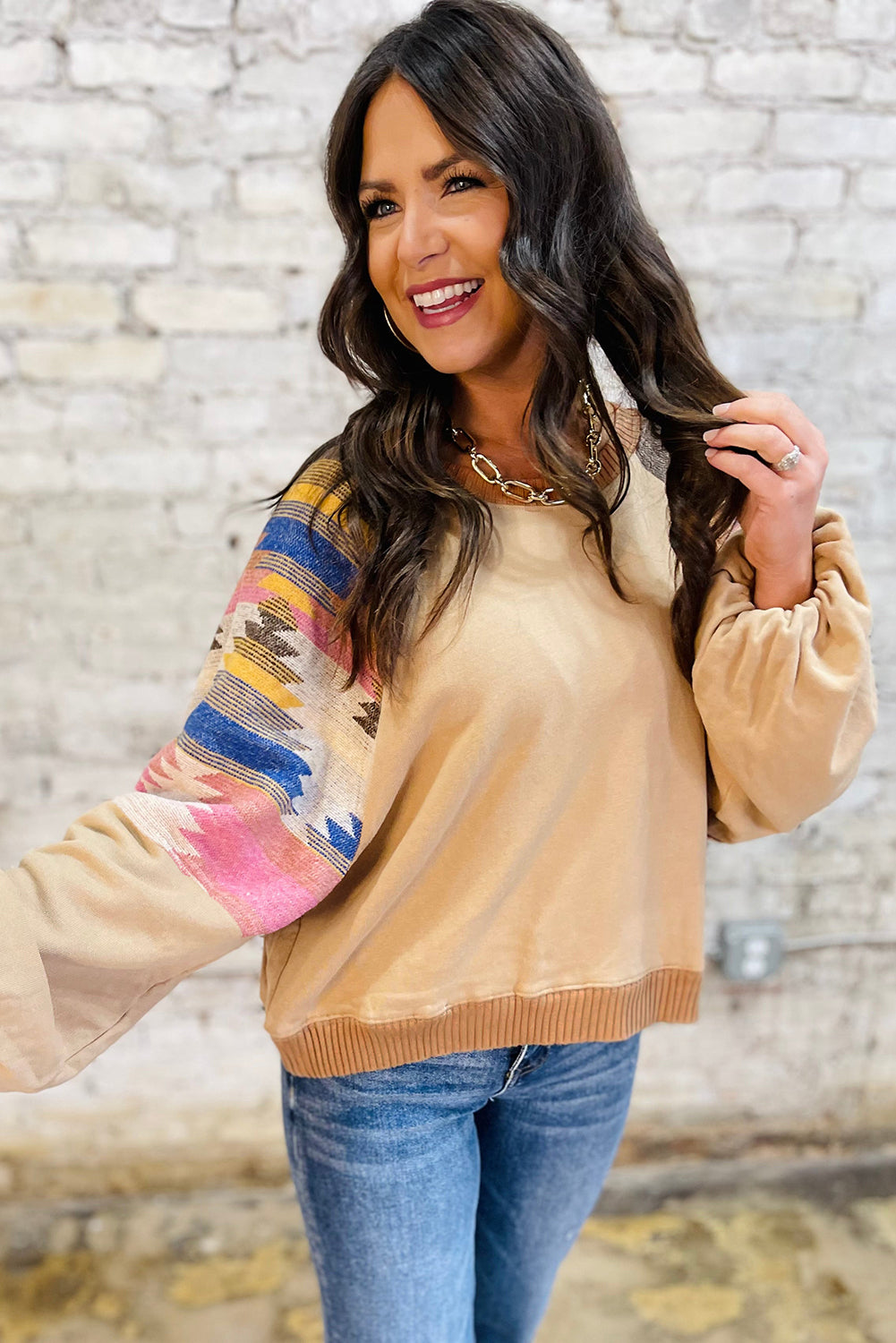 Aztec Patchwork Raglan Pullover Sweatshirt