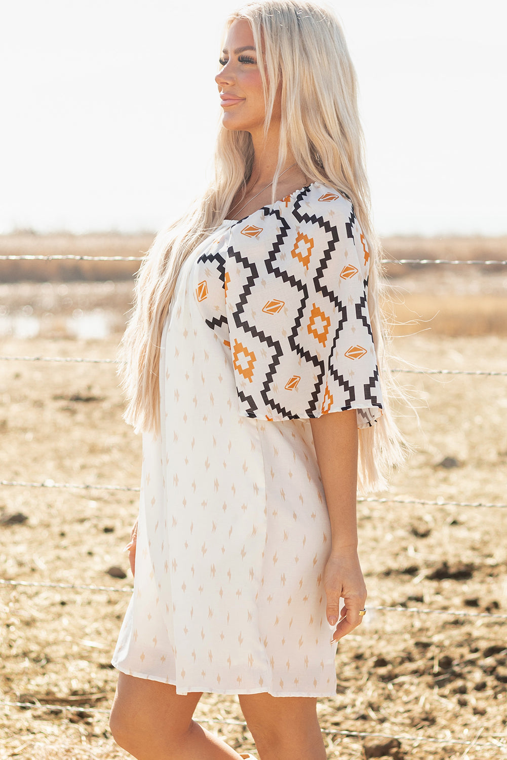 Beige Western Aztec Print Pleated Square Neck Mini Dress