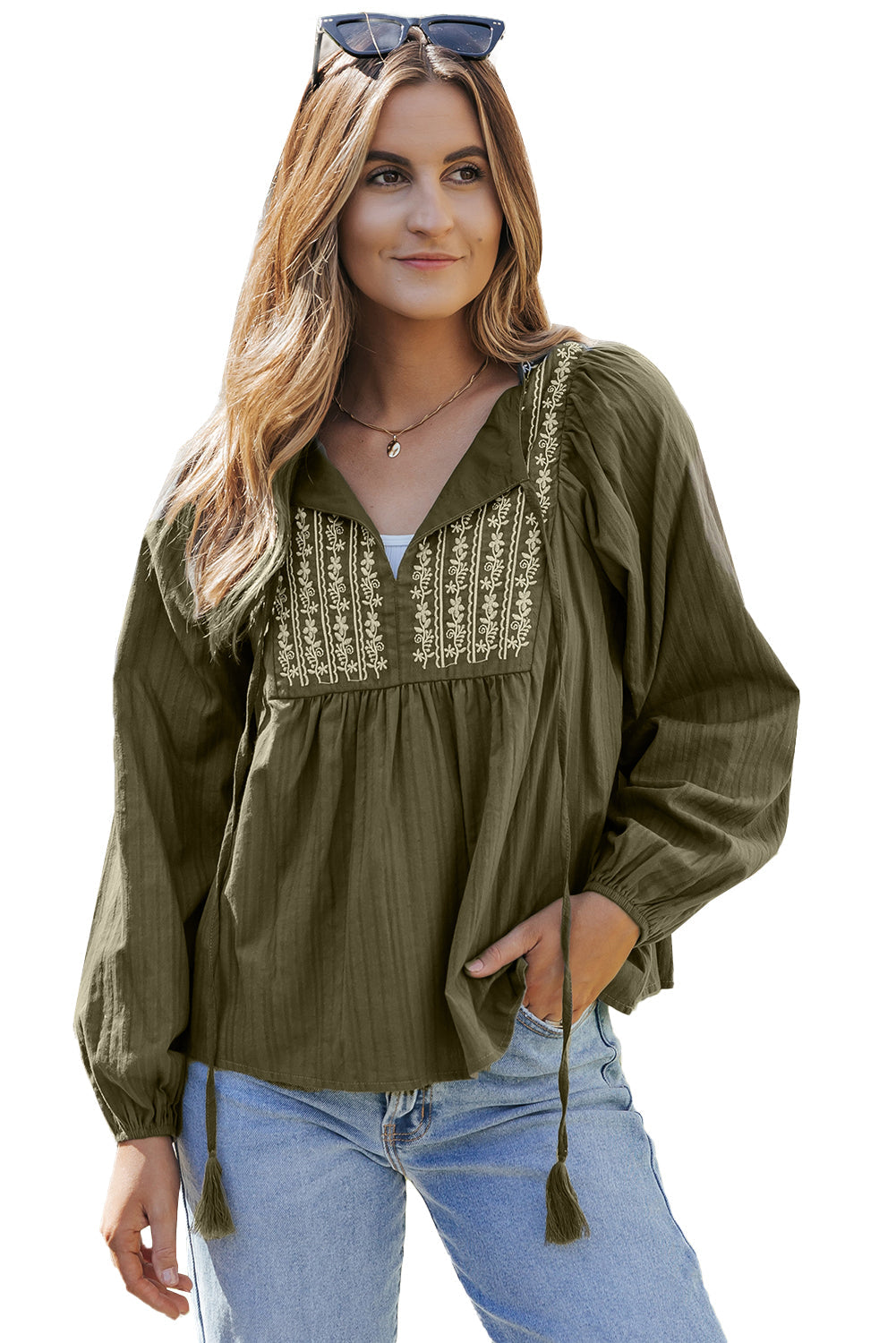 Women's Blouse with Green Split Neck Pleat-Detail Loose