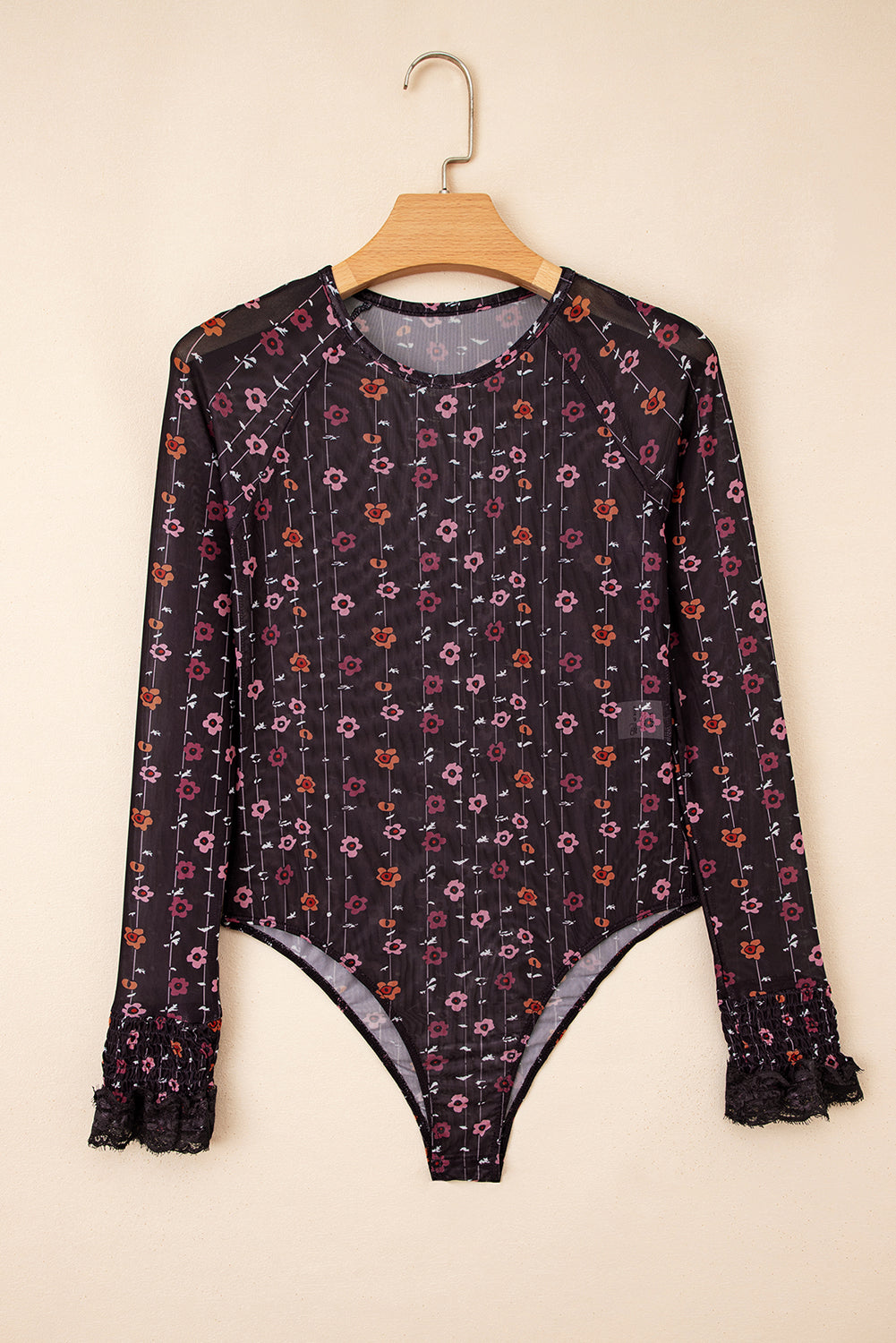 Smocked Cuff Floral-Print Cuff Slim Fit Mesh Bodysuit