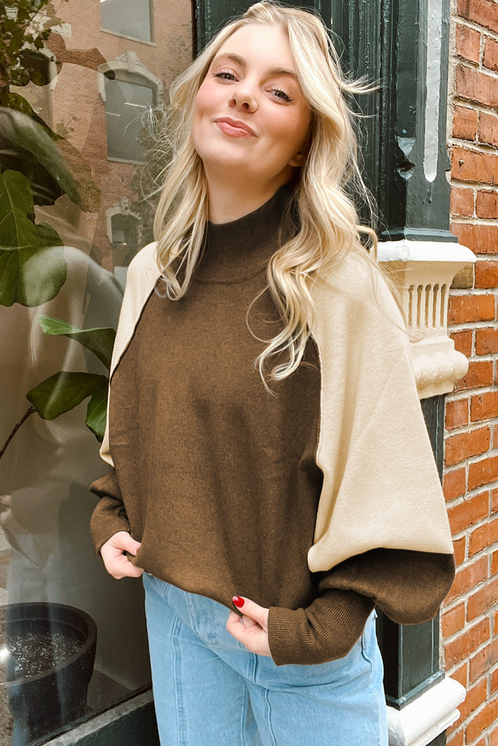 Raglan Puff Colorblock Puff Sleeve Mock-Neck Knit Top