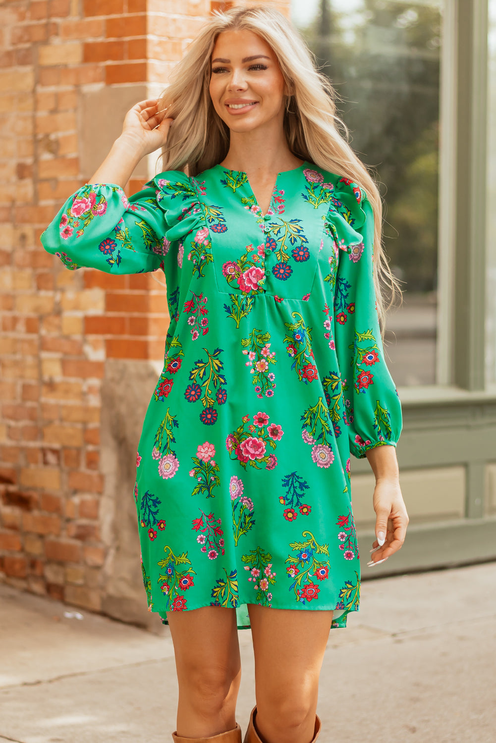 Floral Ruffled Three Quarter Sleeve Button-Front Mini Dress