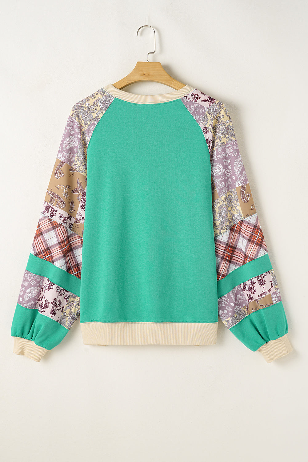 Sweat-shirt chic à manches raglan et patchwork floral à carreaux de grande taille