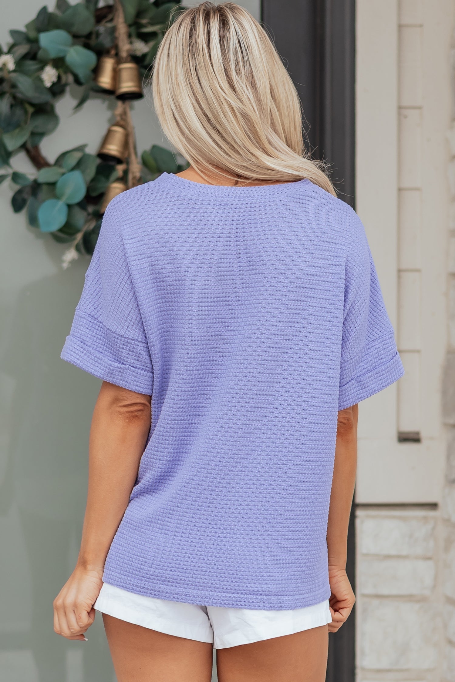 Waffle V-Neck Short-Sleeved Knit Top