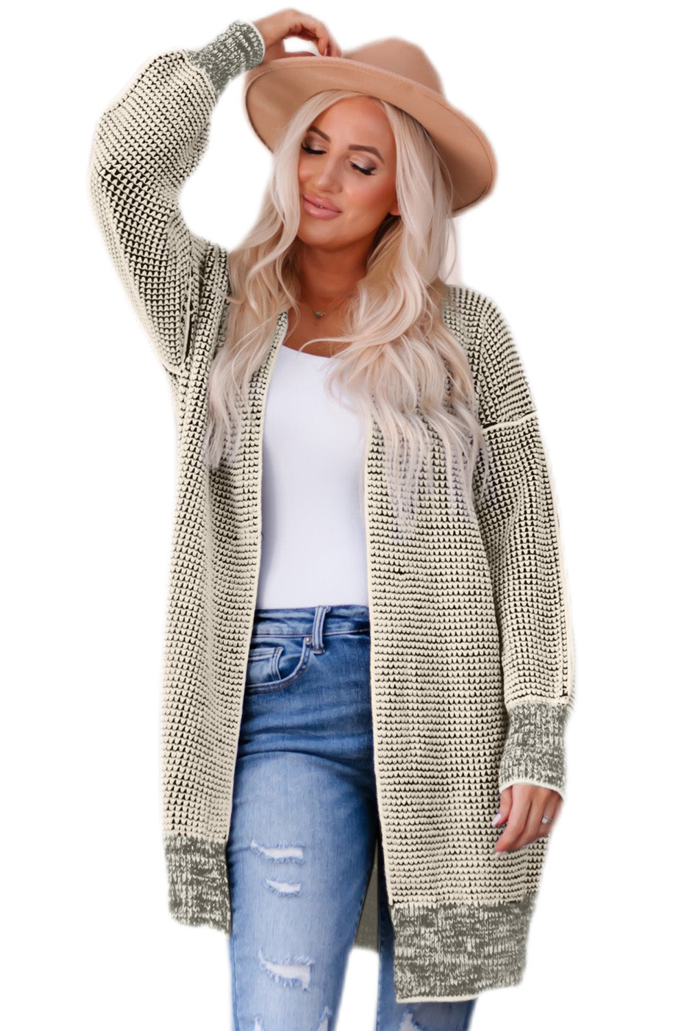 Cardigan for Women Plaid Knitted Long Open Front Apricot