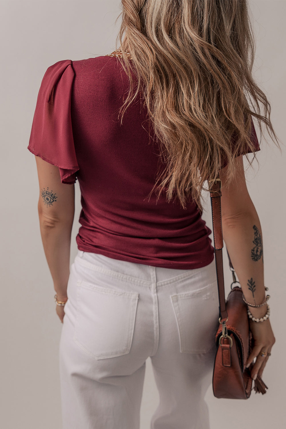 Red Mesh Ruffled Sleeve Slim Fit V Neck Top