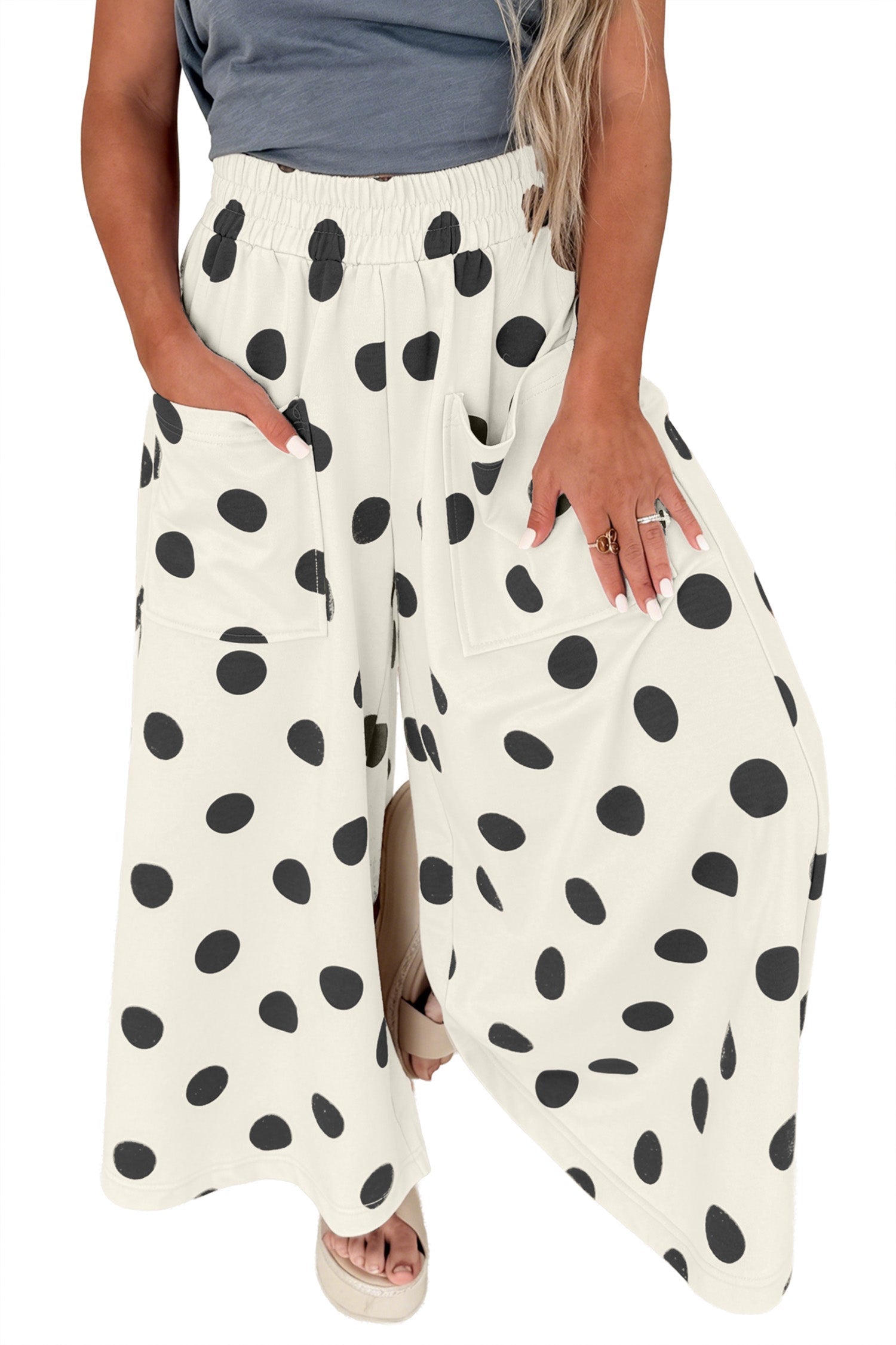 Elastic Polka-Dot Wide-Leg Waist Everyday Pants in Beige