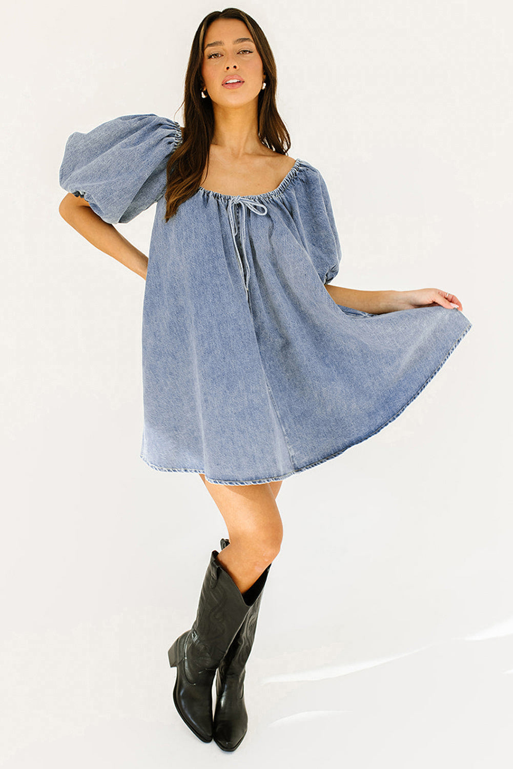 Bubble Neck Sleeve Square Denim Babydoll Dress