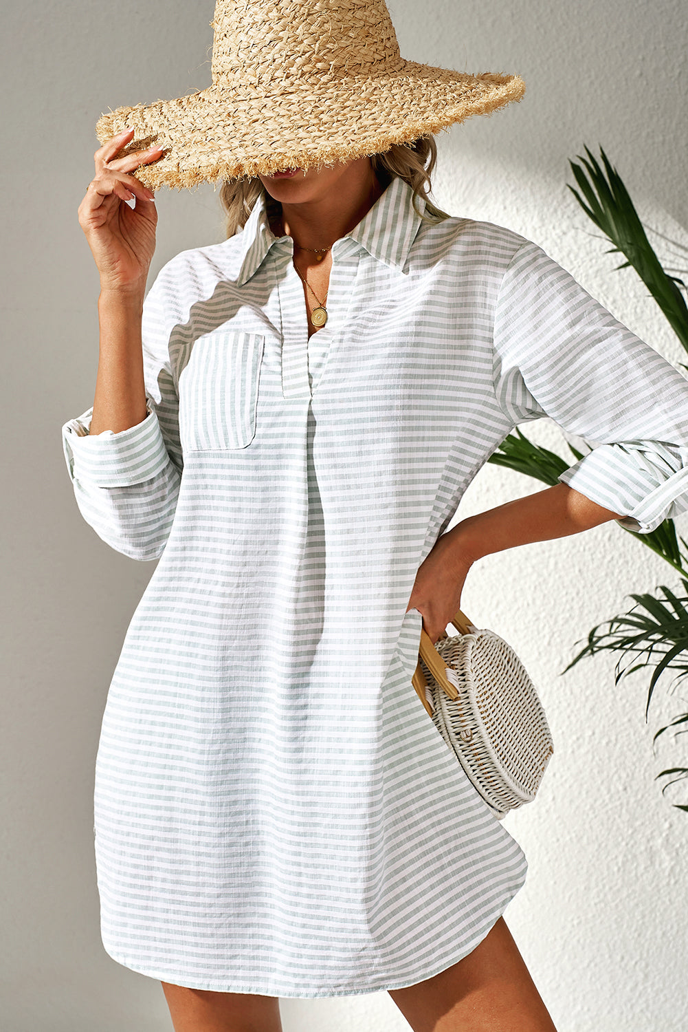 Collared V Neck Long Sleeve Beach Cover up