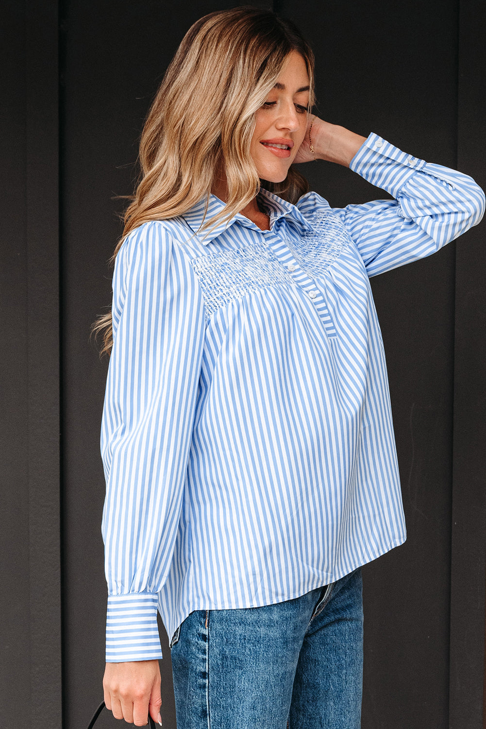 Shirred Placket Detail Half Collared Long-Sleeved Fall Shirt