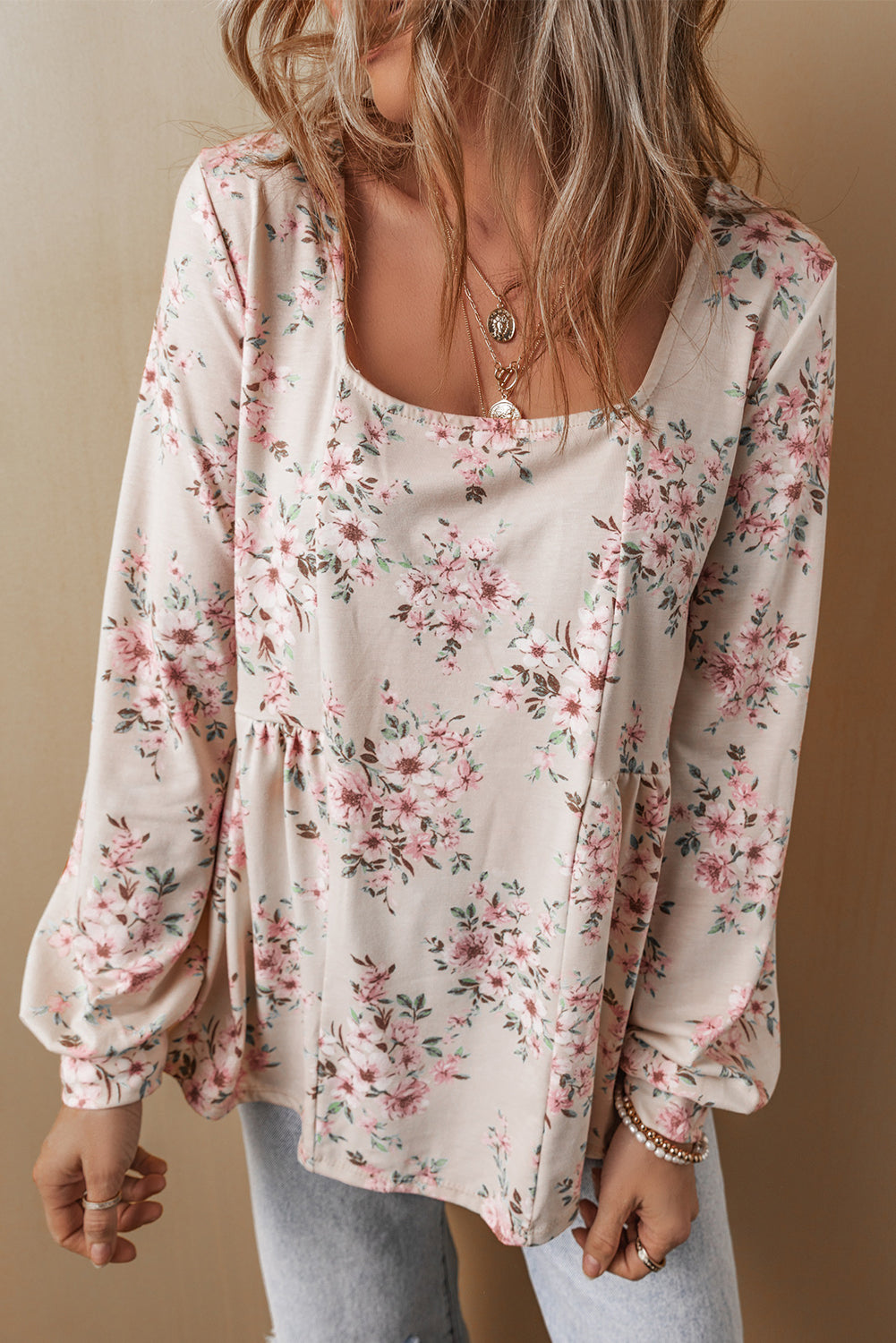 Floral Print Pleated U Neck Loose Fit Blouse