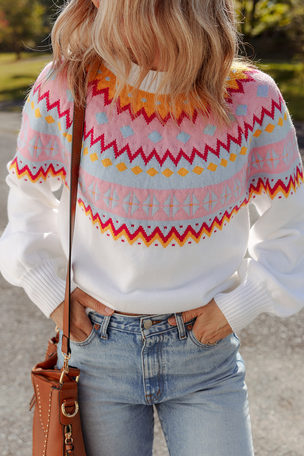 Colorblock Ethnic Geometric Print Drop-Shoulder Knit Top