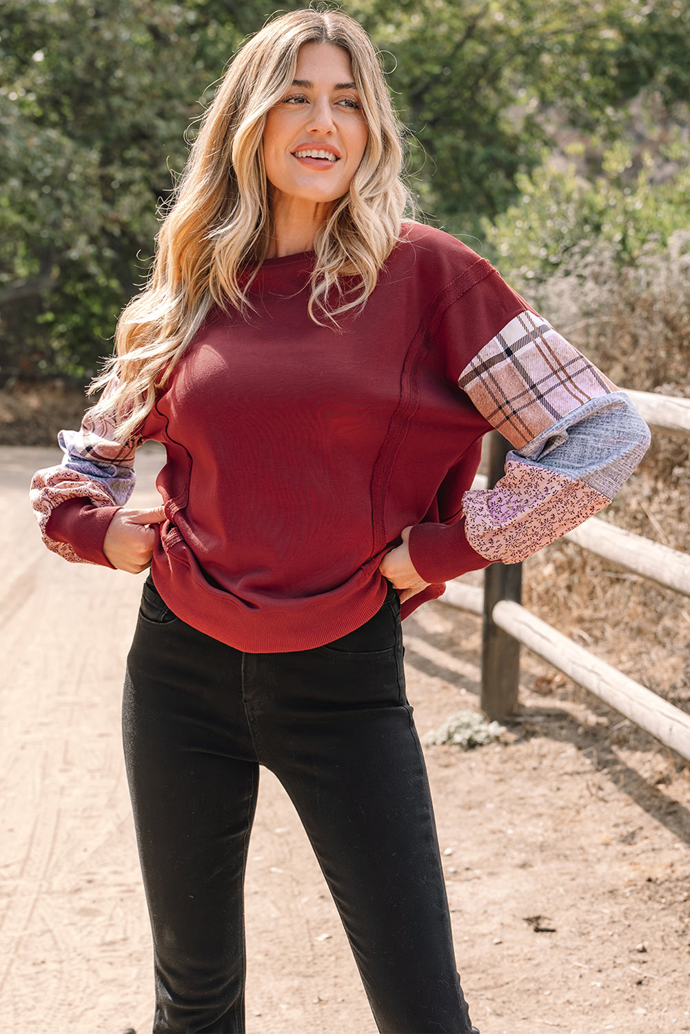 Colorblock Patchwork Plaid Patchwork Sleeve Raw Seam Sweatshirt