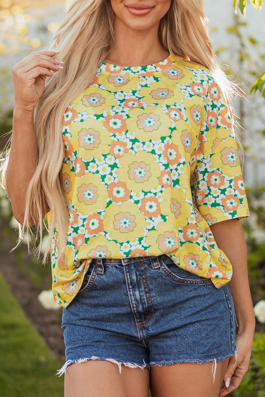 Summer Flower Printed Drop Shoulder Loose T Shirt