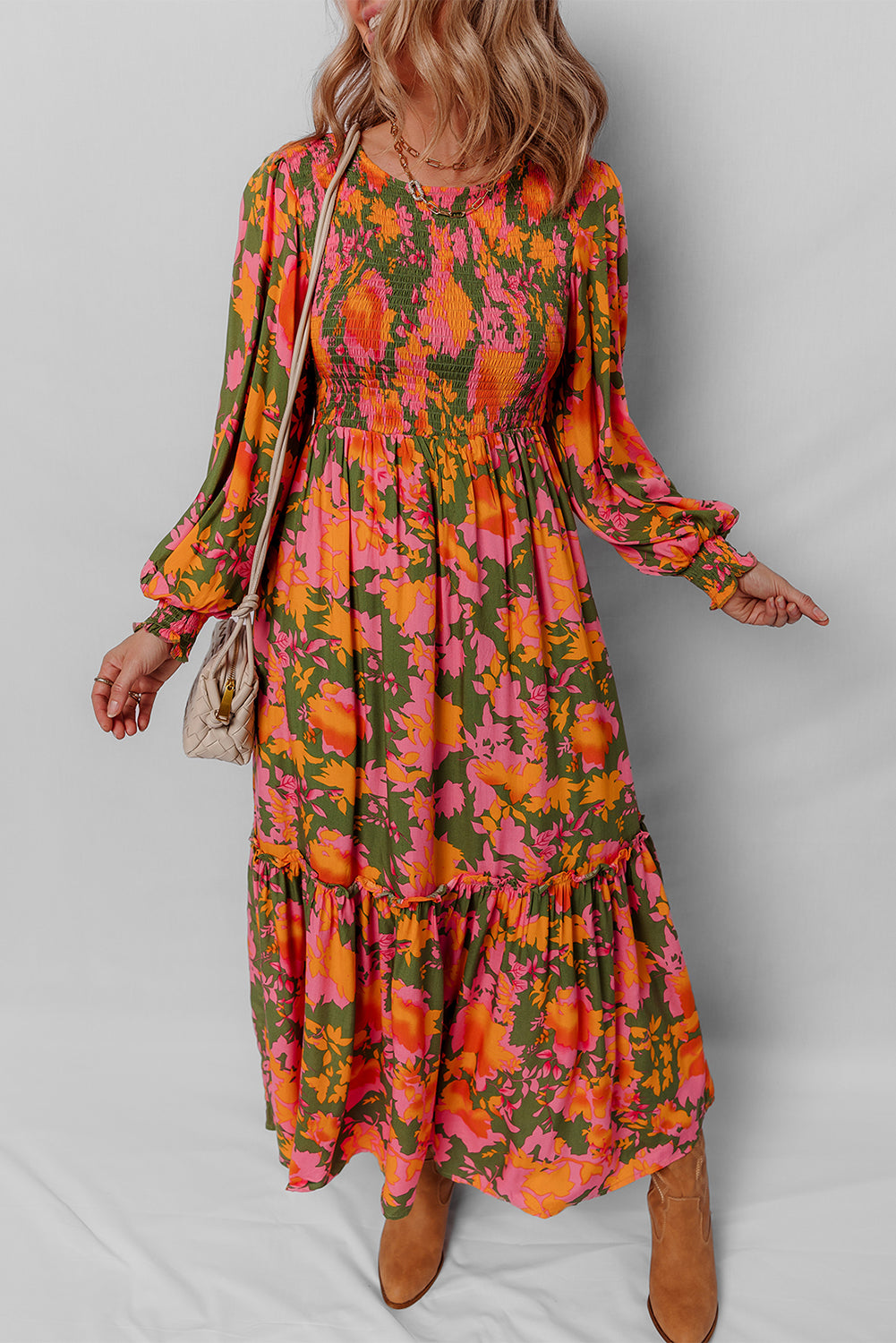 Sleeve Floral Puff Smocked Bodice Ruffled Long Dress