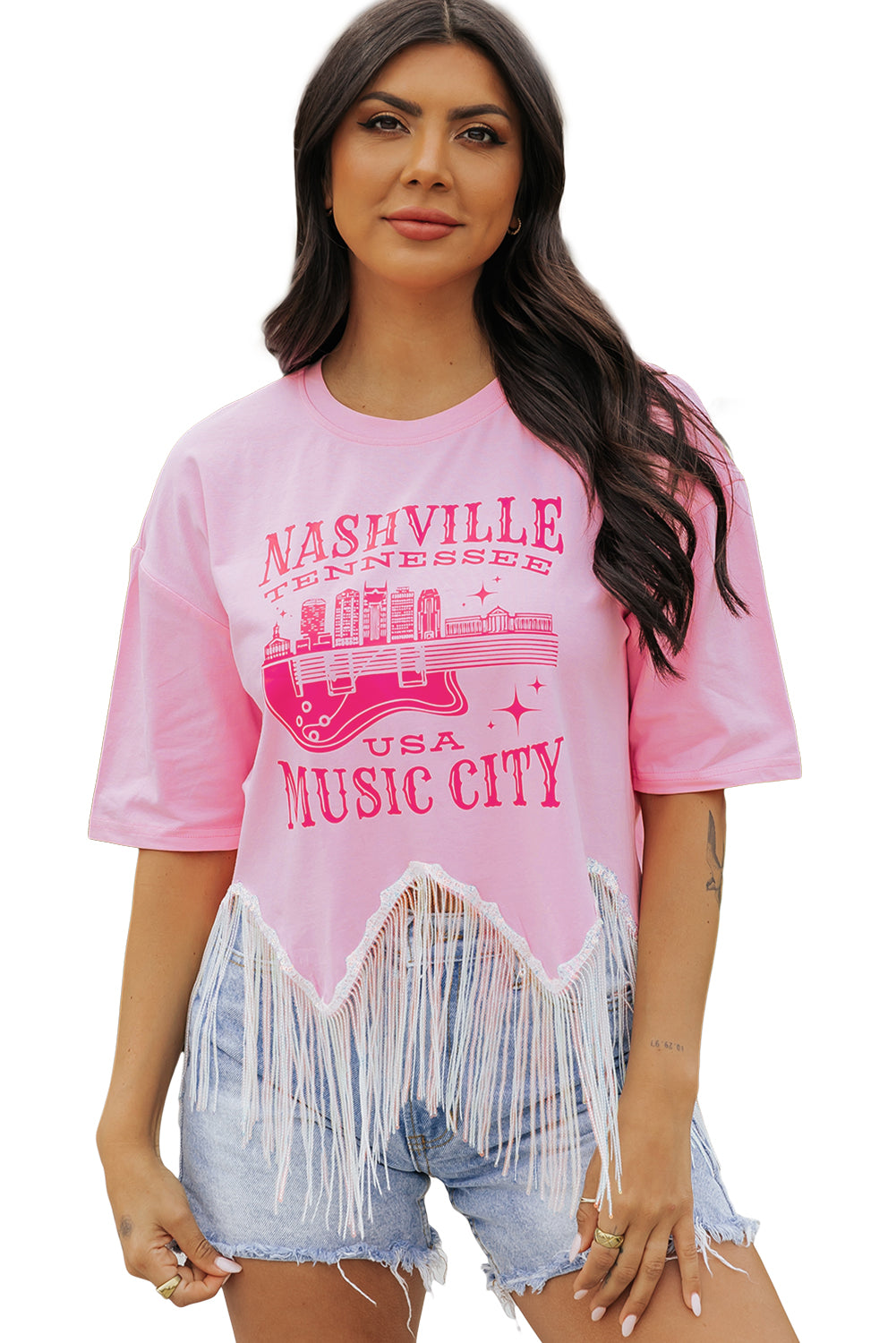 NASHVILE MUSIC CITY T-shirt graphique à sequins et ourlet à franges