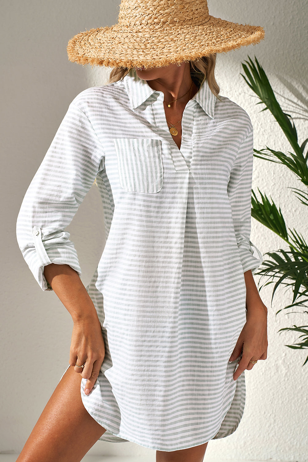 Collared V Neck Long Sleeve Beach Cover up