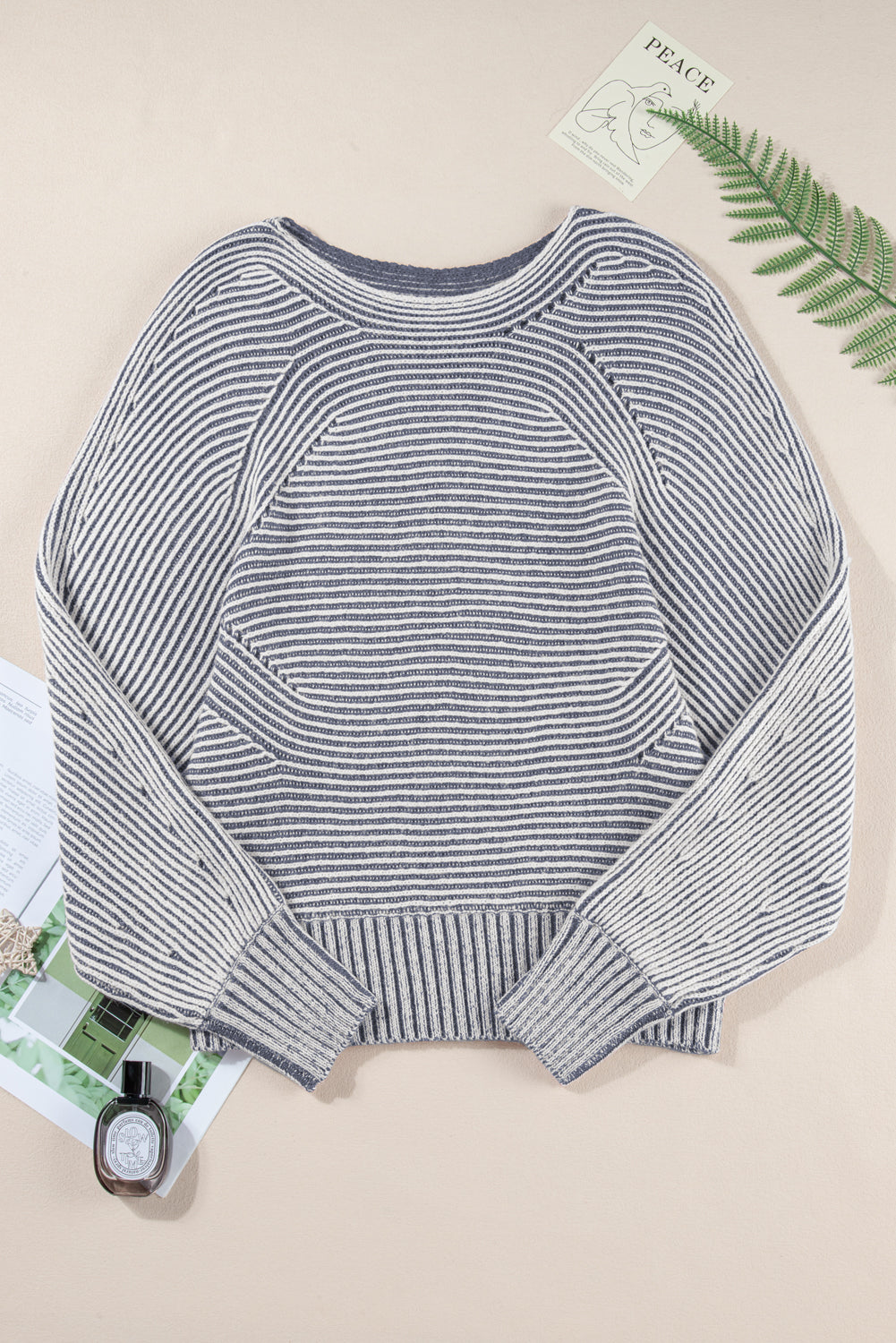 Print Rib-Knit Striped Rib-Knit Knit Boat Neck Baggy Knit Top