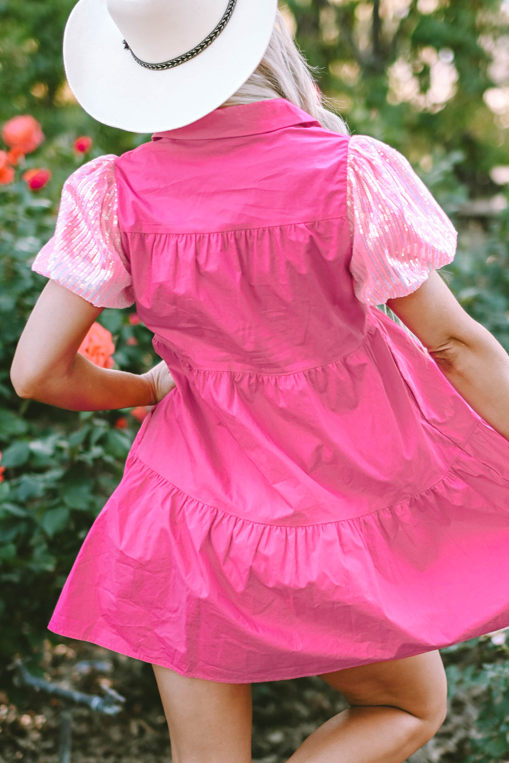 Robe chemise à volants et manches bouffantes pailletées