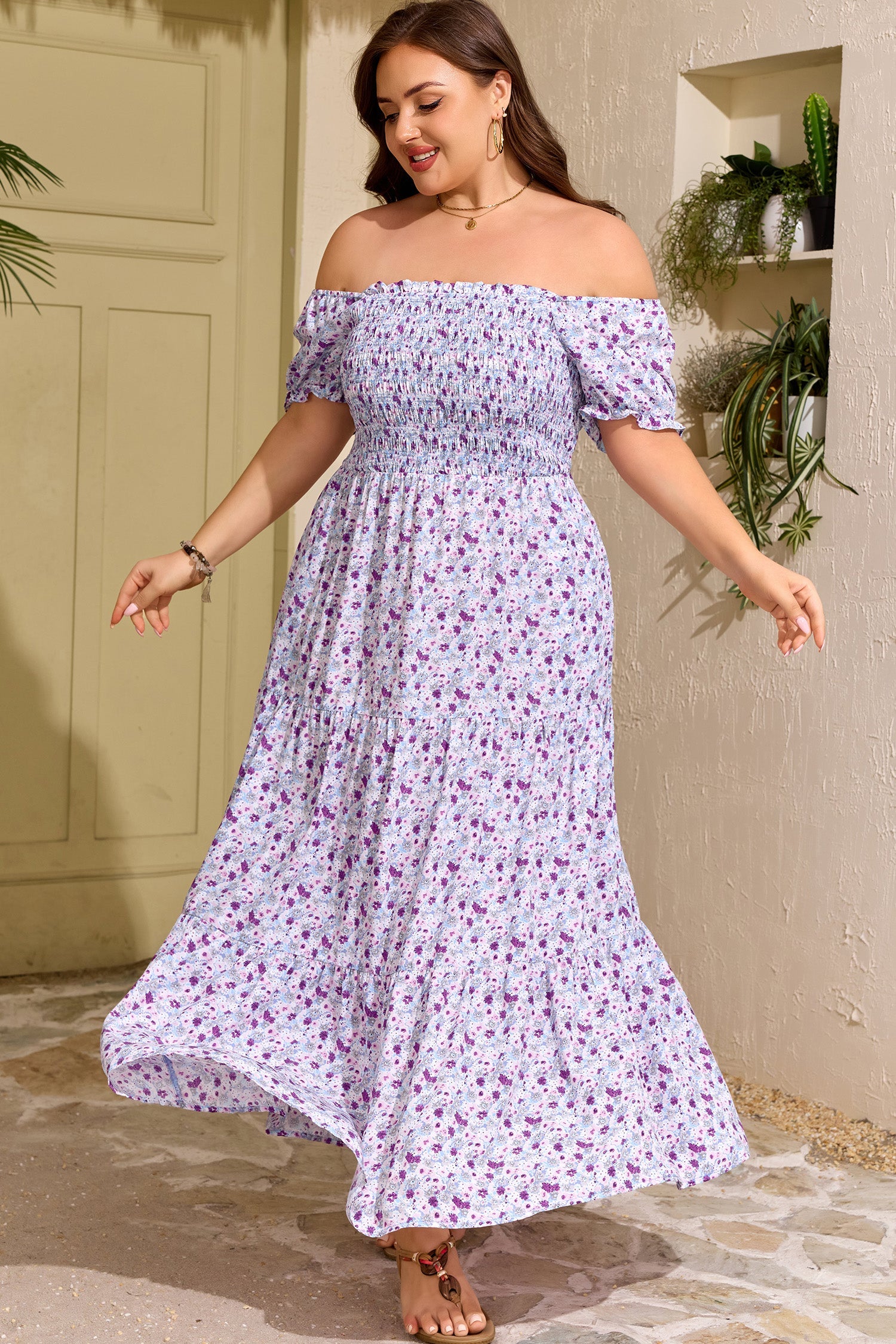 Size Floral-Print Plus Floral-Print Square Neck Smocked Maxi Dress in Purple