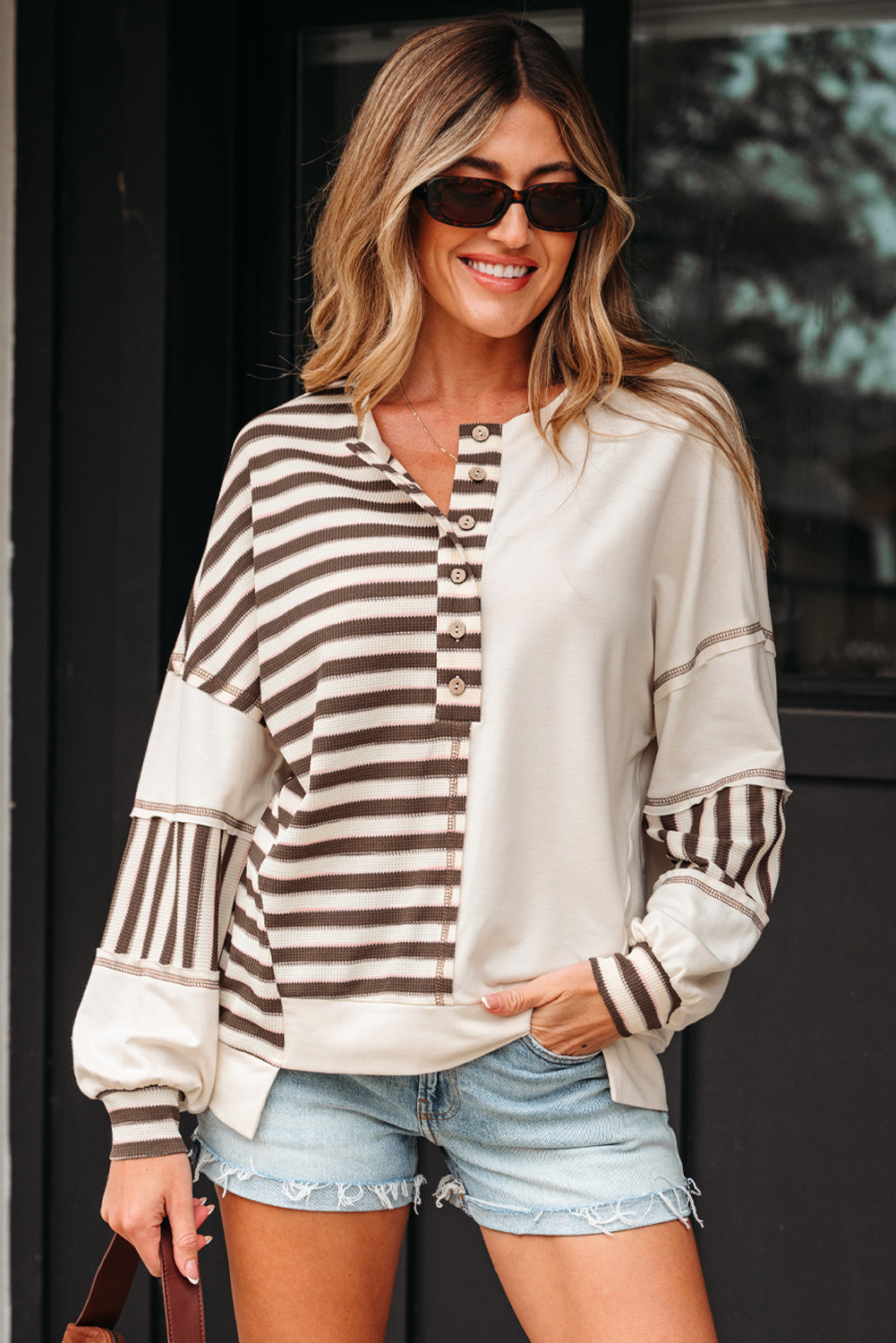Patchwork Stripe Colorblock Roomy Pullover Top in Khaki