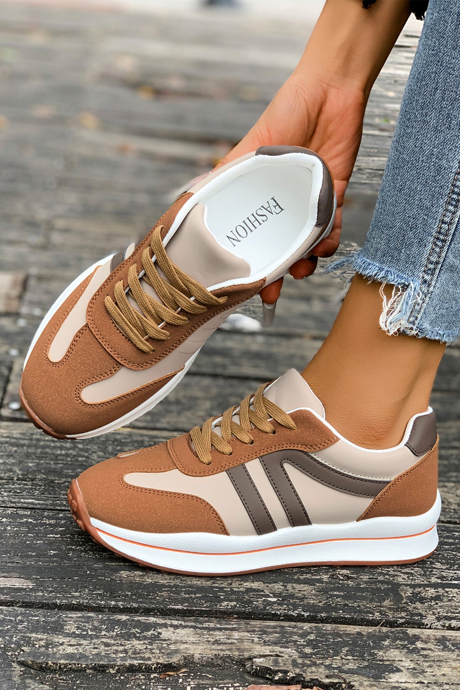 Patchwork Varsity Colorblock Lace-up Leather Sneakers in Brown
