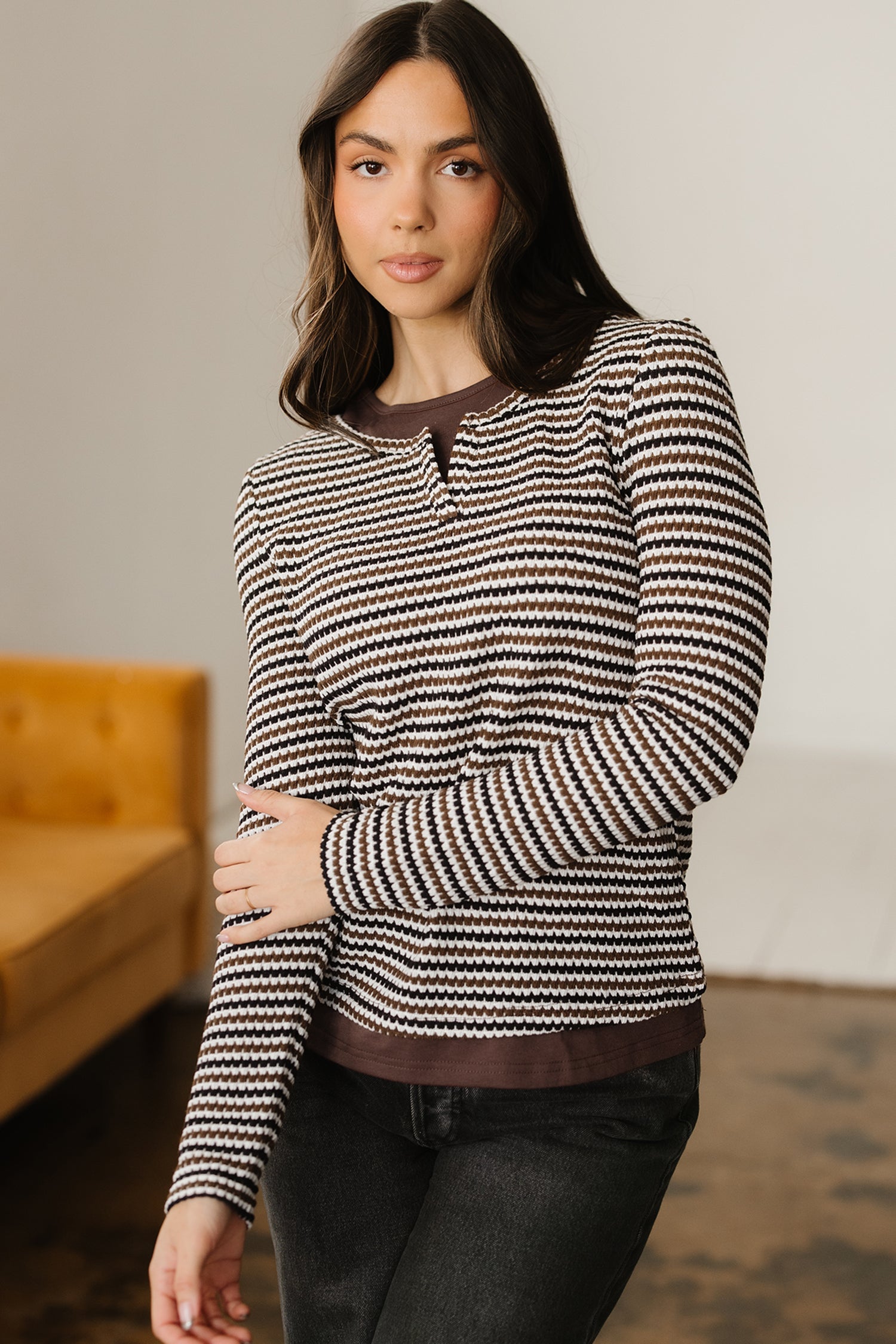 Textured Faux 2-Piece Striped Round-Neck Long-Sleeved T Shirt