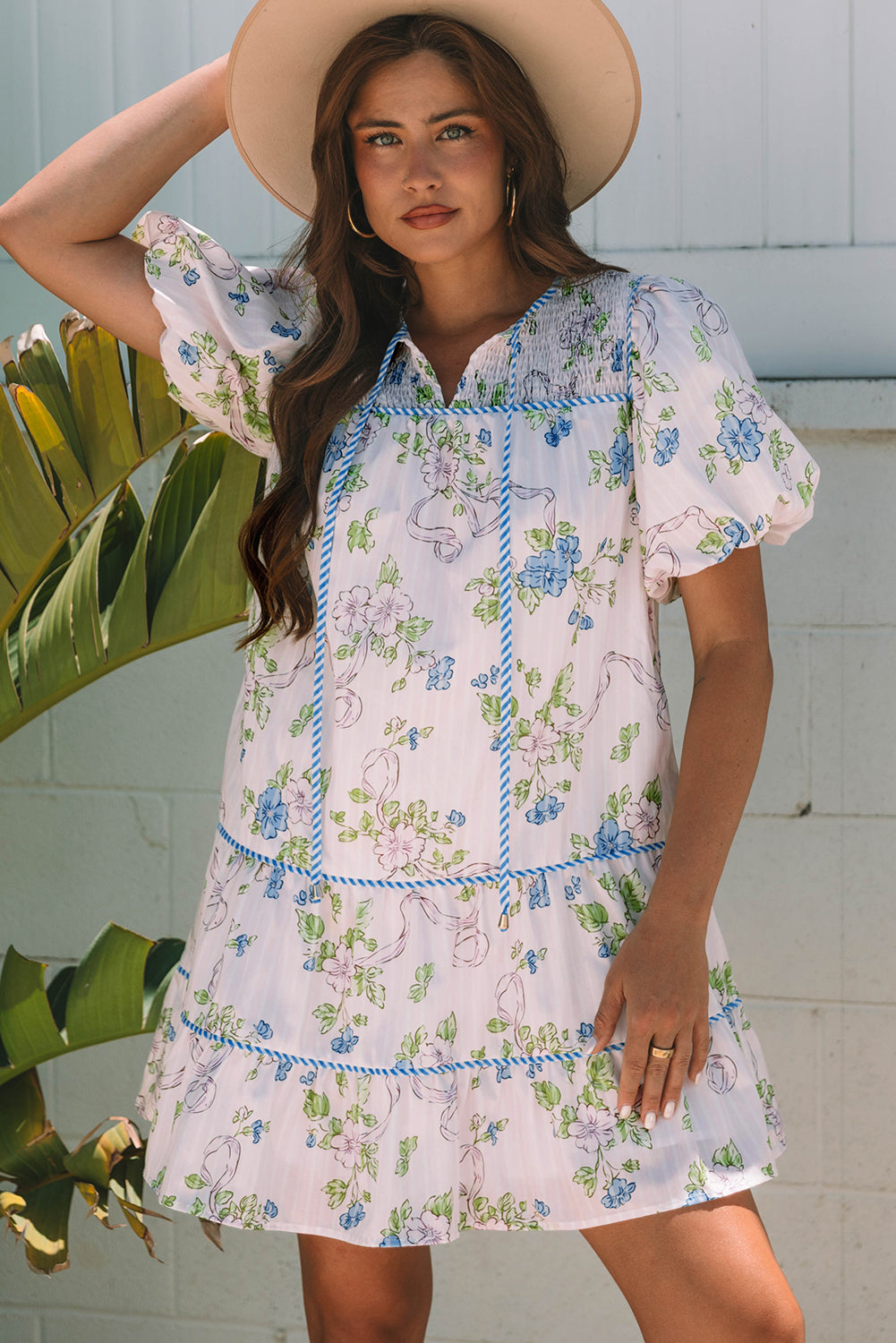 Striped Print Floral Print Contrast Trim Tie Split Neck Mini Dress