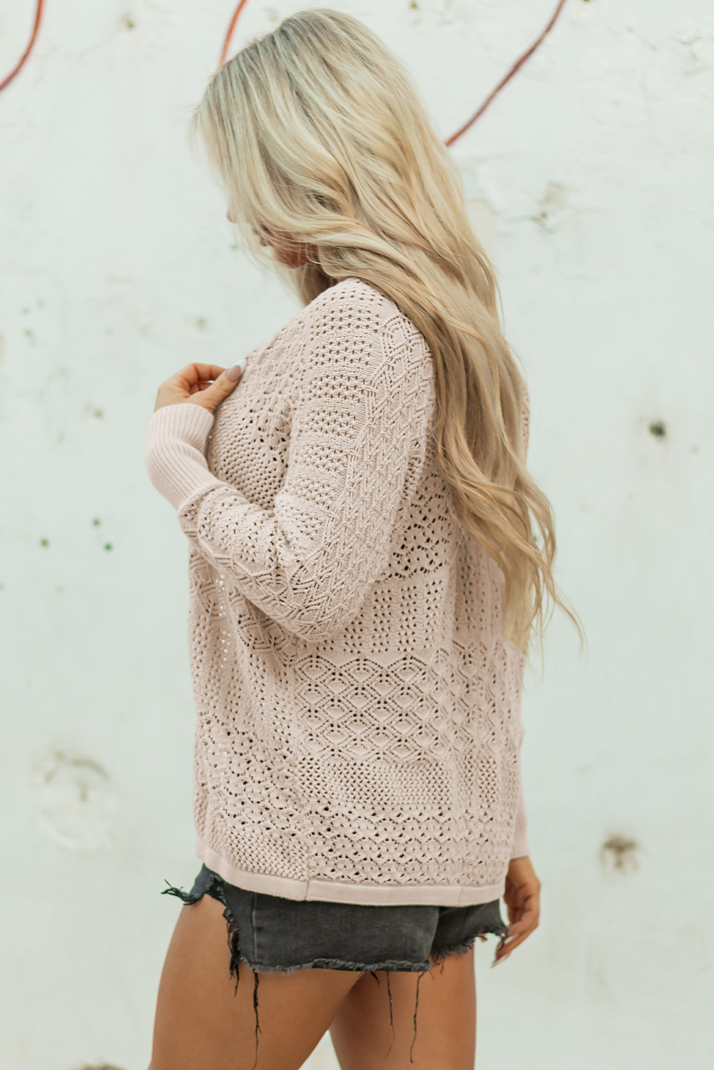 Mix Pattern Hollowed Knit Open-Front Cardigan