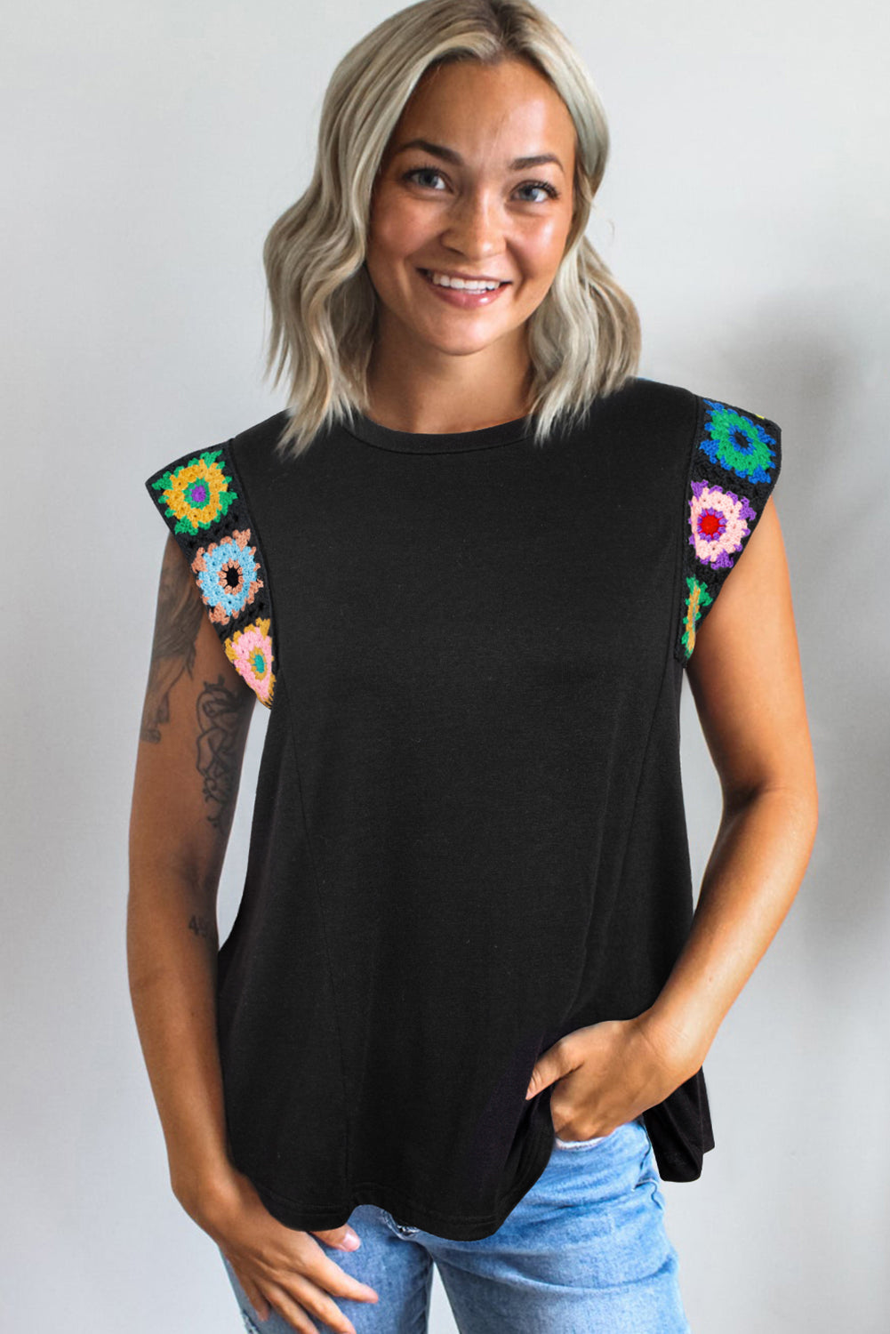 Floral Crochet Patched Sleeve Crew Neck Casual Tank Top