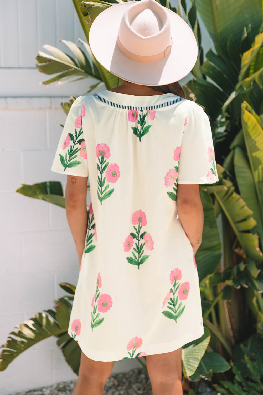 Floral Neck Short-Sleeved Split Loose Mini Dress