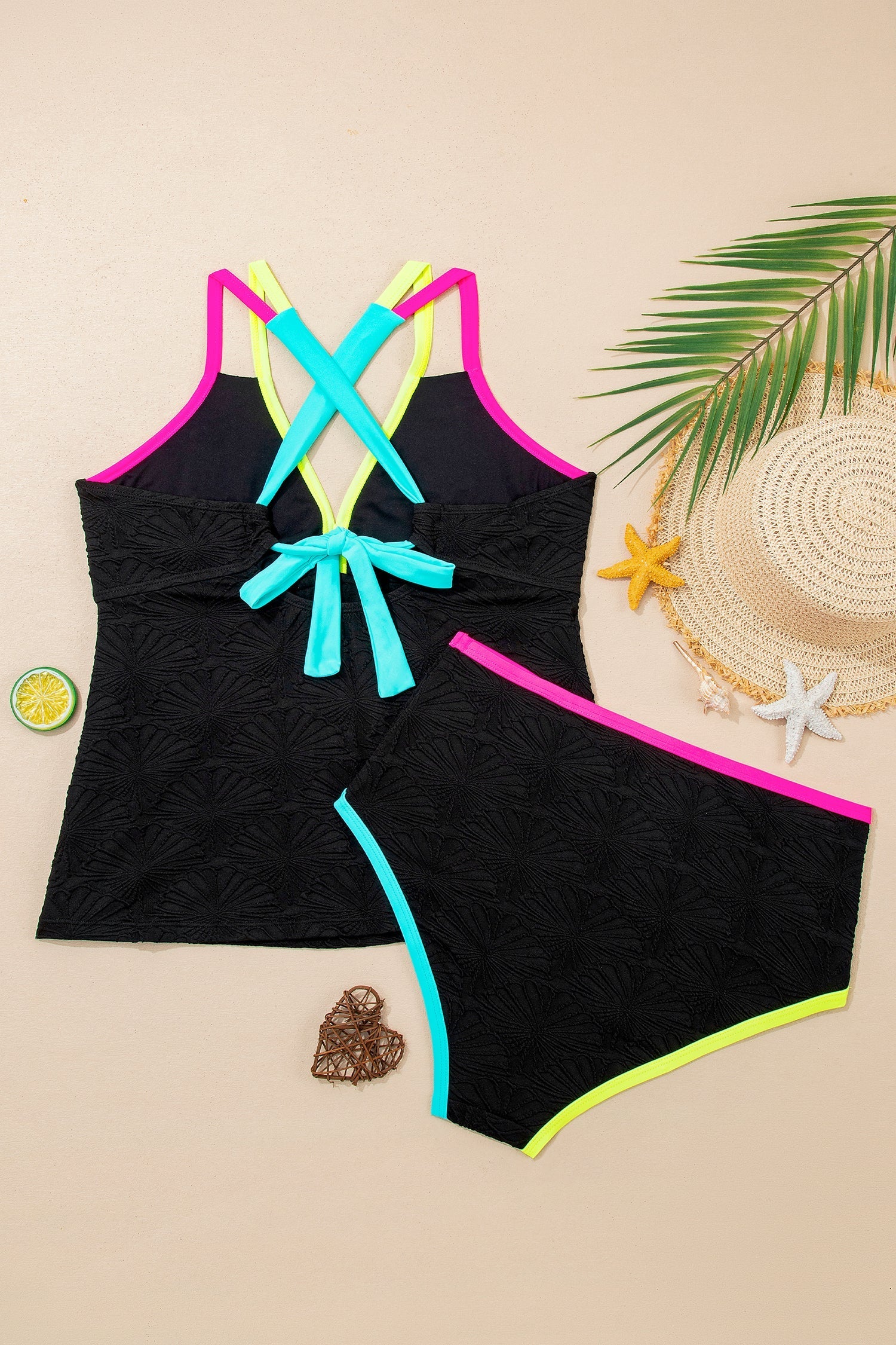 Textured Neon Floral Neon Trim V-Neck Crisscross Backless Tankini Set in Black
